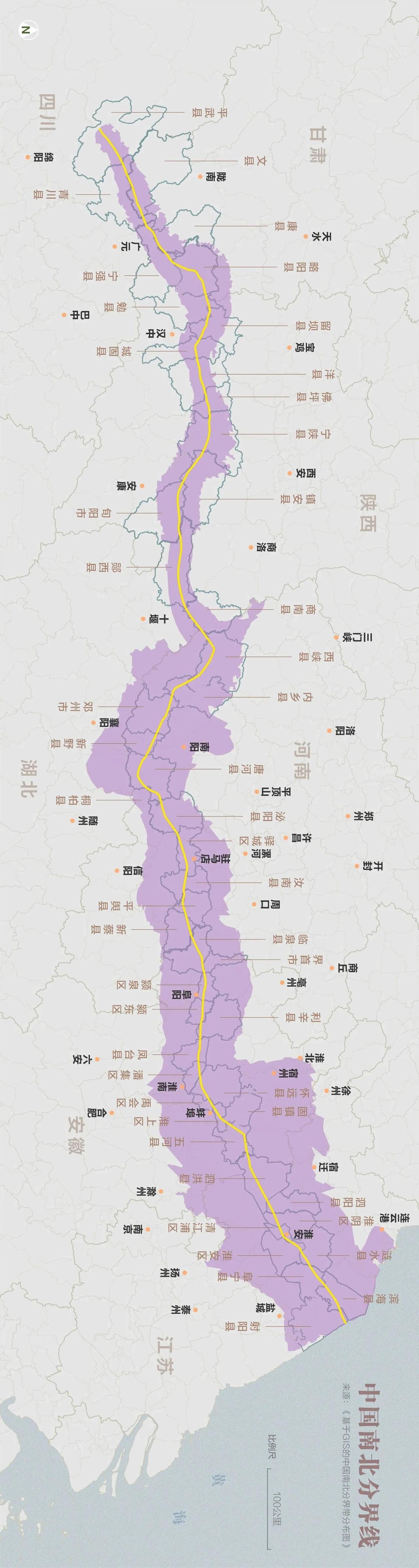 中国南北分界线的城市分布图，手机横屏放大观看，建议收藏起来。秦岭‑淮河一线自