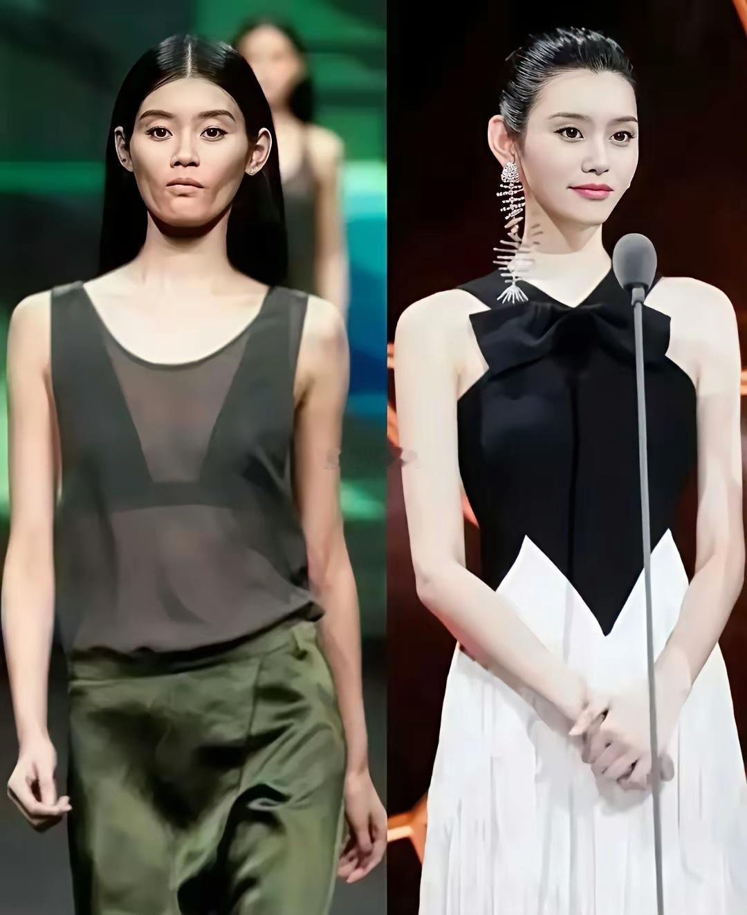 感觉奚梦瑶之前走秀的时候大概率是吸着嘴的，现在脸型就比较正常了。