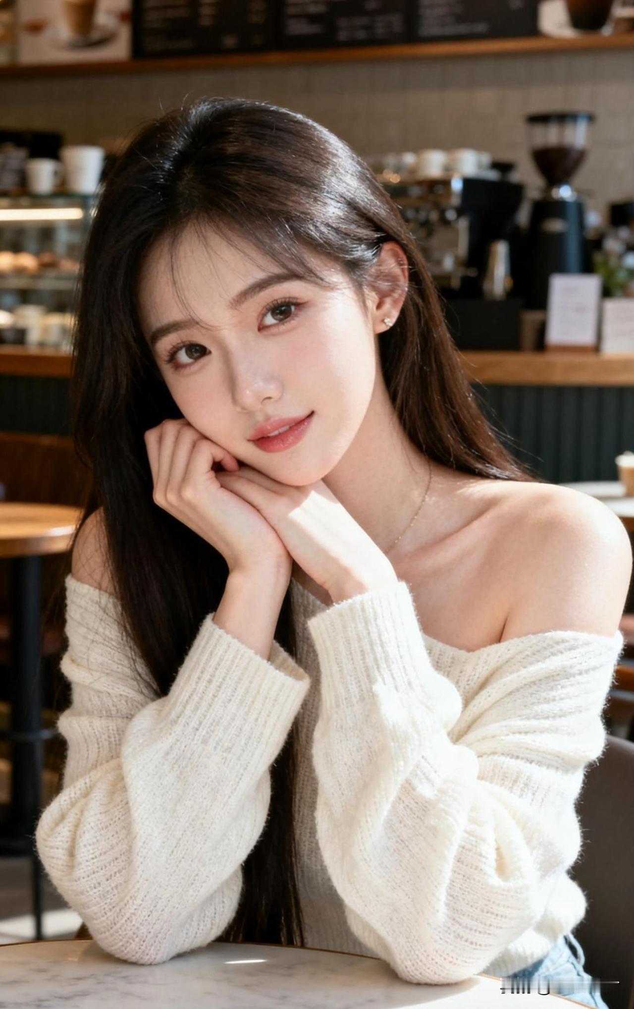 在咖啡馆的午后，温柔微笑的少女