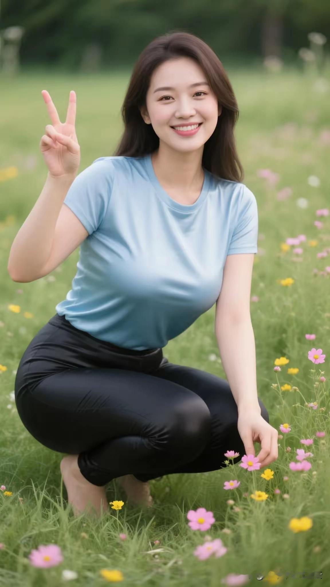 在绿野繁花间，你如春光乍现。浅蓝色的梦轻披在肩，似柔风抚过湖面。唇角弯弯