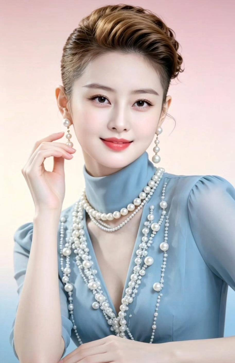 这位美女戴着珍珠项链和耳环，优雅迷人。