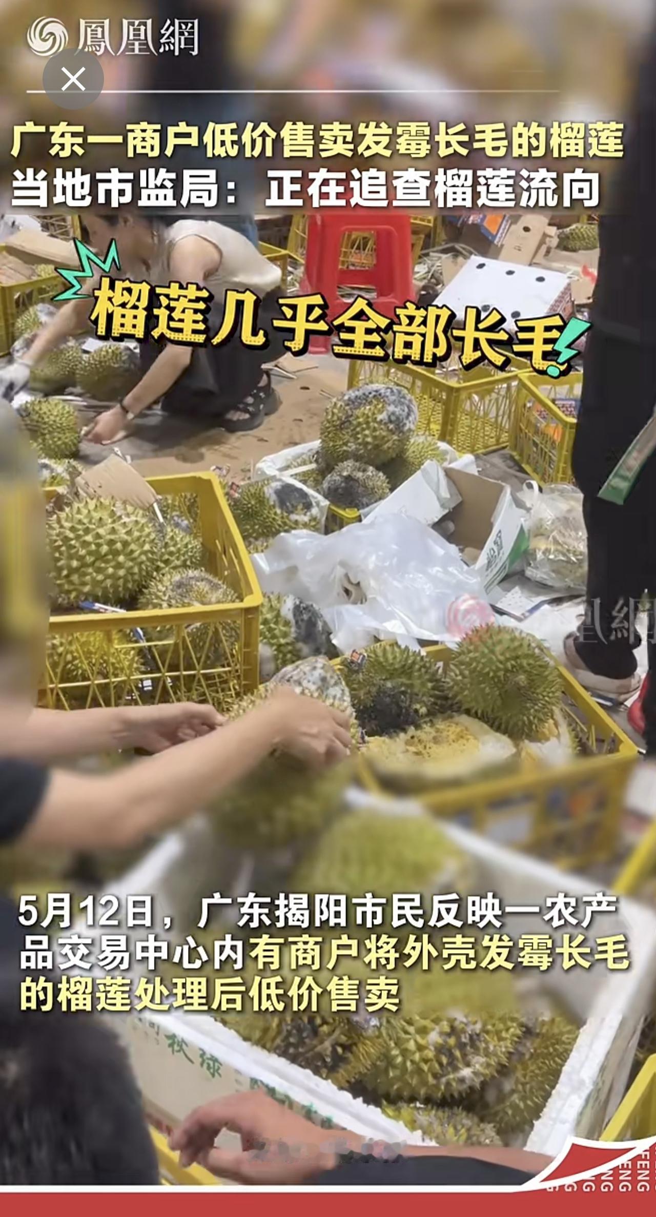 广东某市场商户低价售卖发霉长毛的榴莲，当地市监局：正在追查榴莲流向广东水果