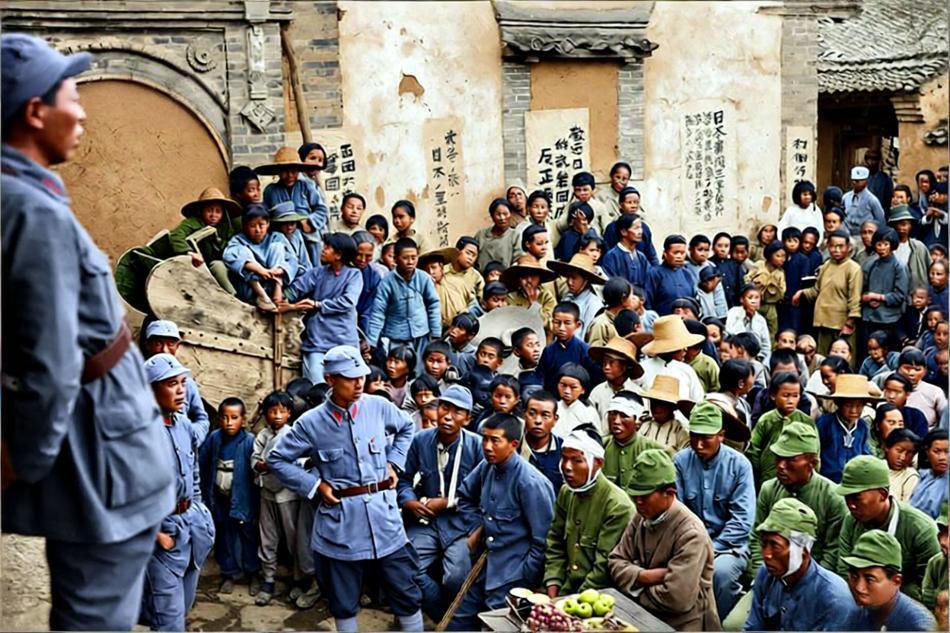 这张照片拍摄于1940年9月河北省涞源县杨家庄，真实记录了八路军干部向一批日伪军