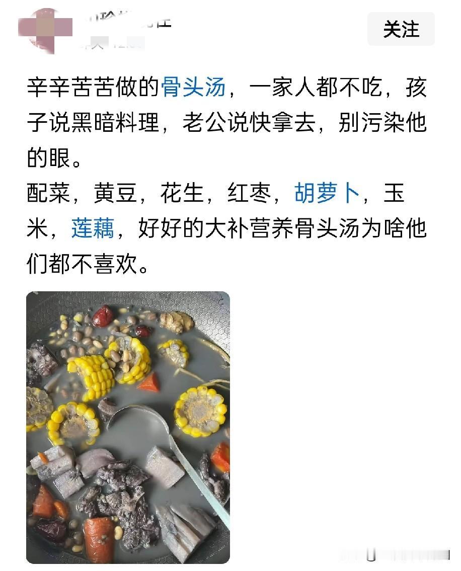 网友震惊了:一女子抱怨自己辛苦熬了一锅汤，结果老公和儿子都不吃，儿子觉得是黑暗料