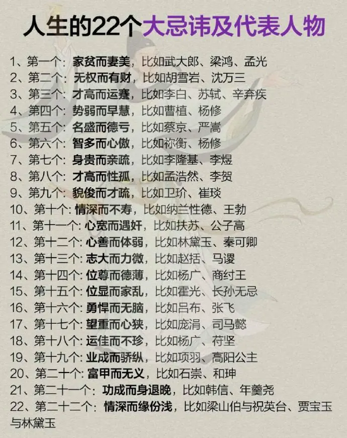人生的22个大忌讳家贫而妻美，武大郎，召来杀身之祸。无权而有财：胡雪岩，挣