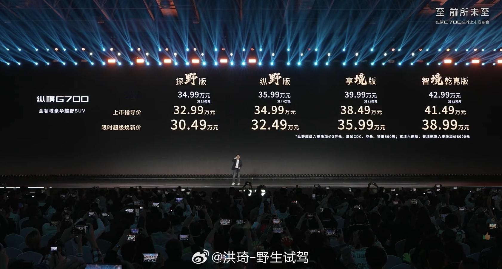 纵横G700上市限时30.49-38.99万元，带航行的两栖版70万元起，也算听