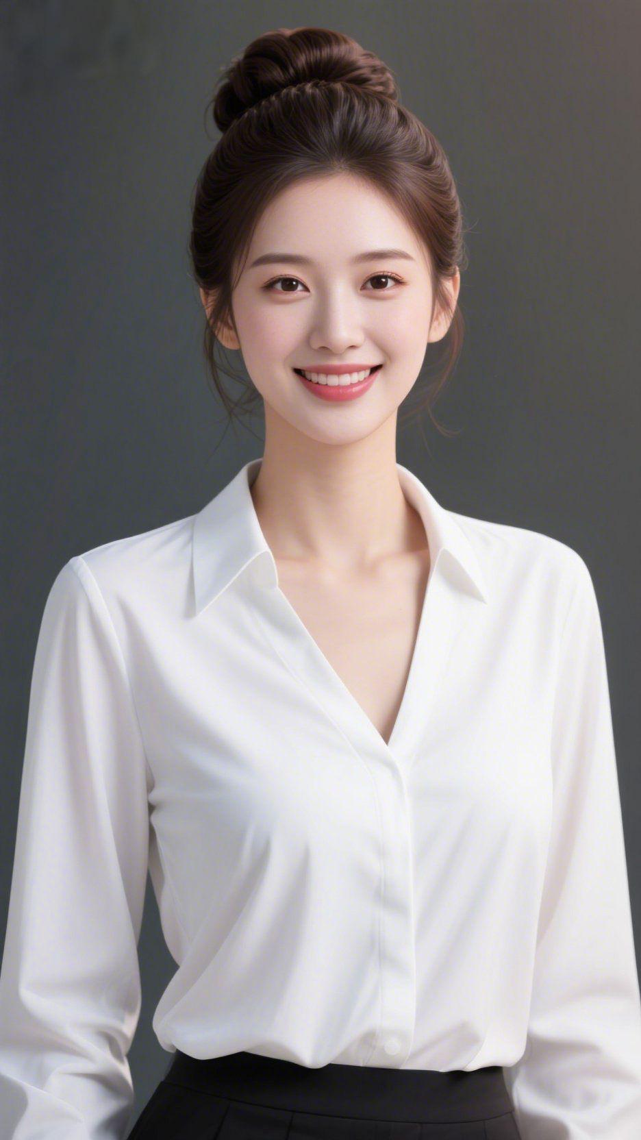 白衫栖素色柔光里浅光漫过素背景，她抬眸的笑意恰好——白衫裹着软料的柔，领角