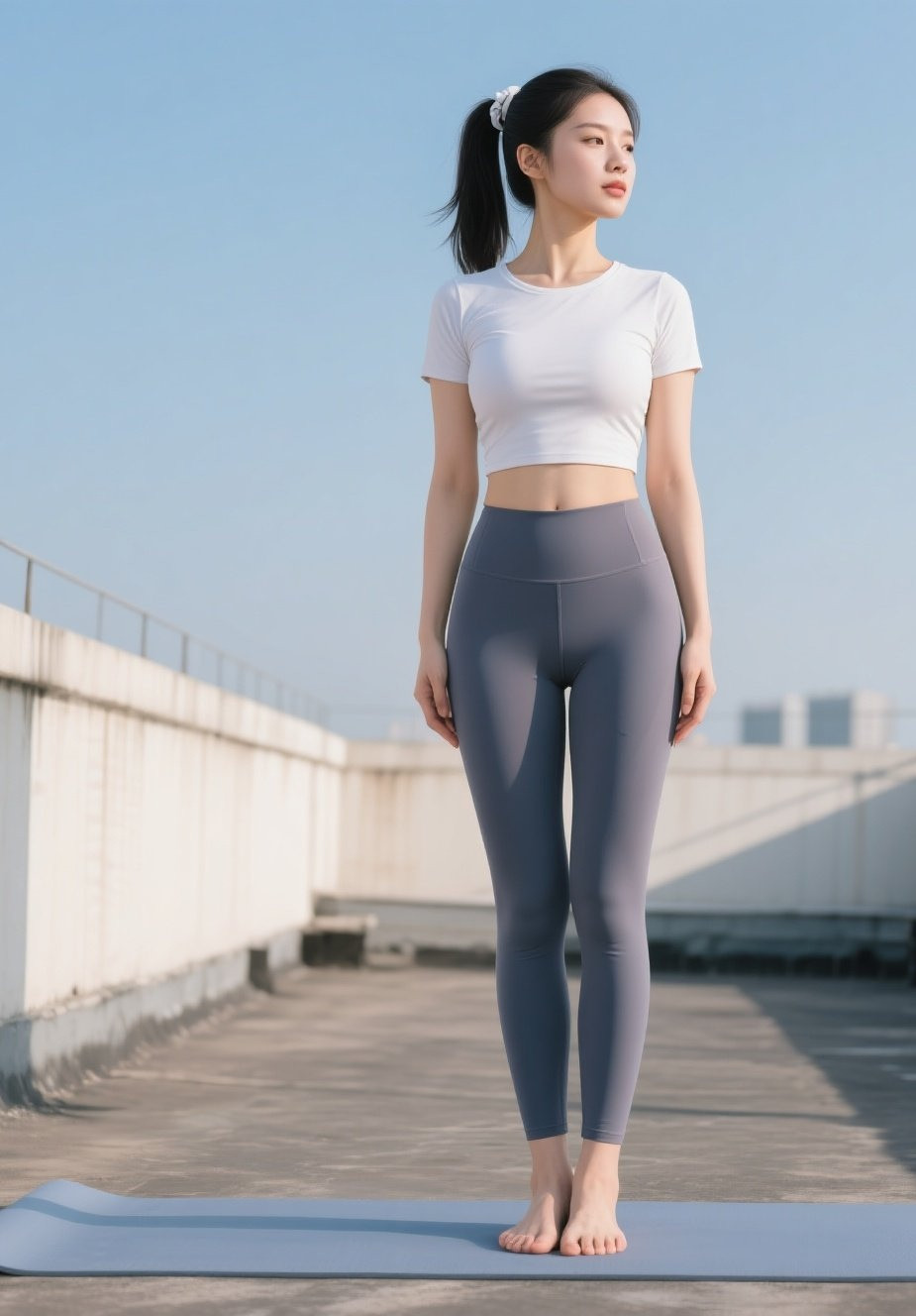 美眉天台运动写真集，紧身瑜伽服凸显性感线条