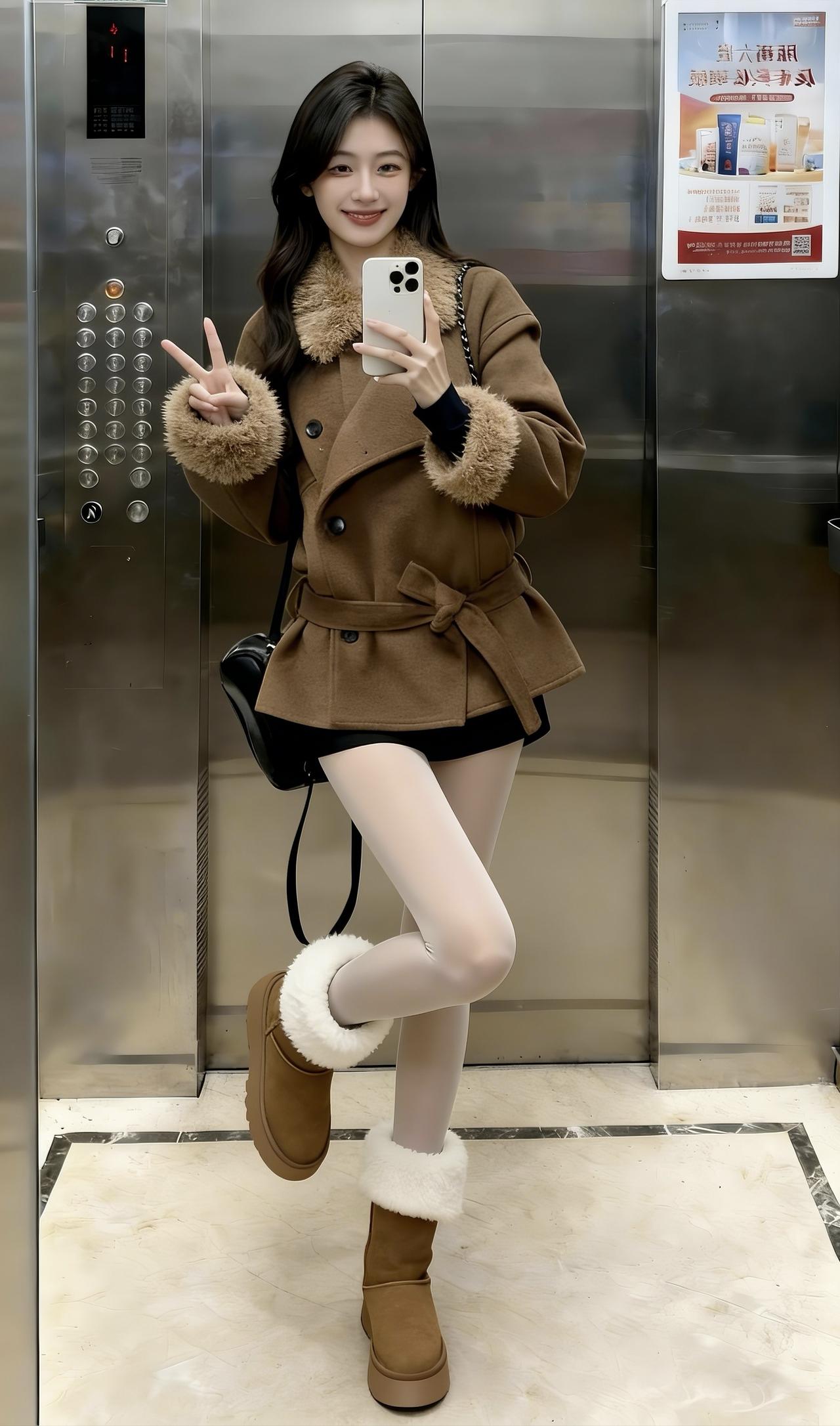 棕色系穿搭，搭配肤色光腿神器和雪地靴，爱了爱了。ootd穿搭拍照姿势冬季搭