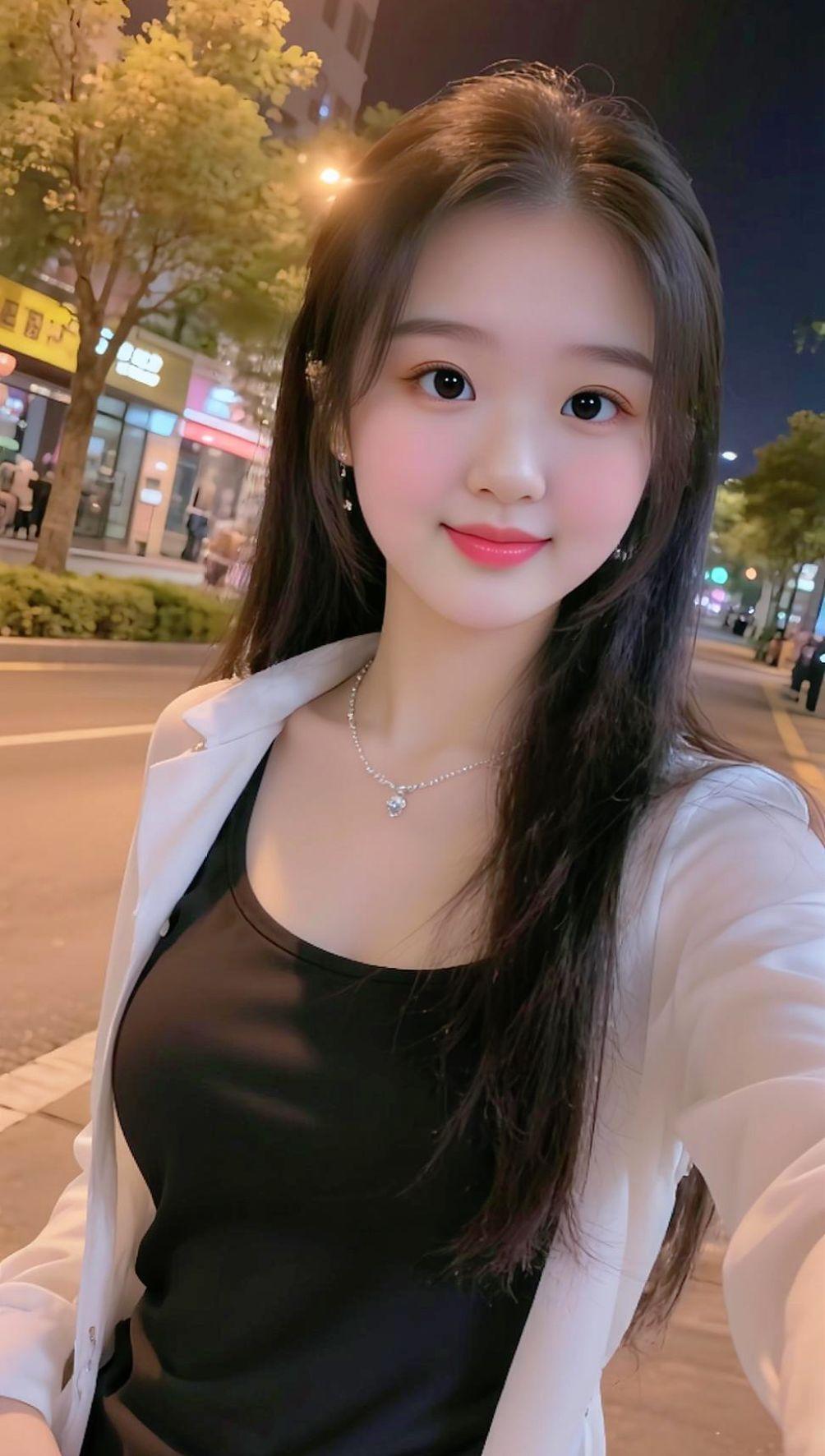 路边的灯光照亮着小姐姐路边拍照