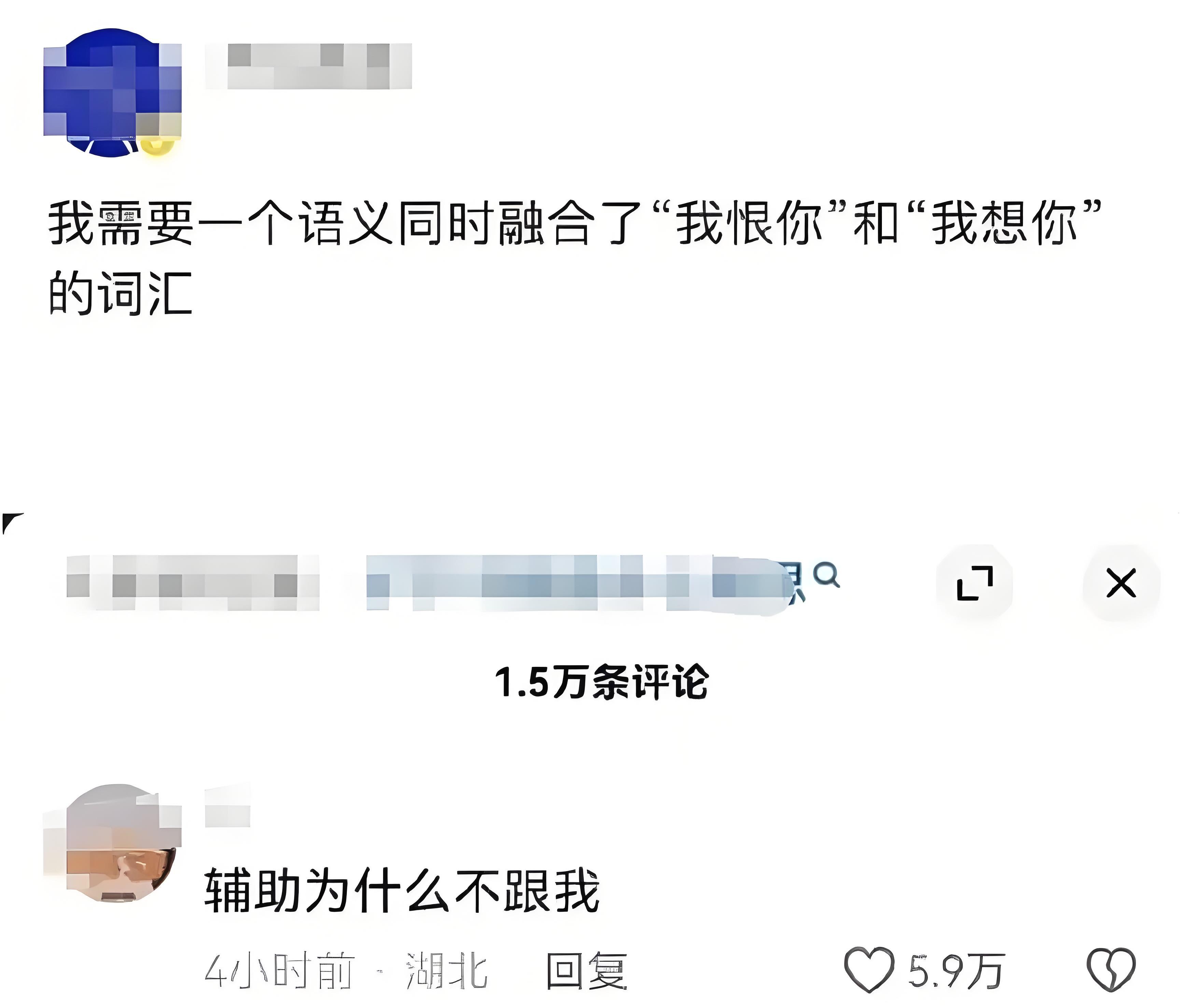 同时融合了“我恨你”和“我想你”的词汇