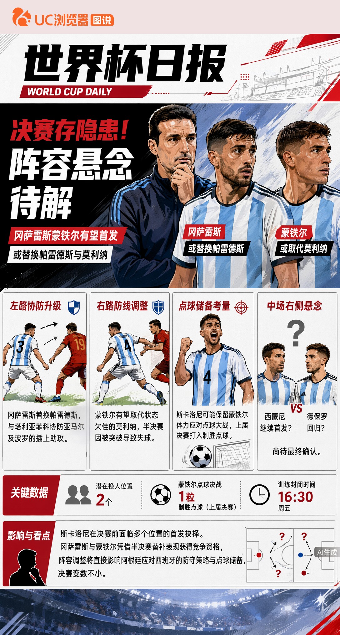 决赛存隐患！冈萨雷斯蒙铁尔有望首发，斯卡洛尼阵容悬念待解