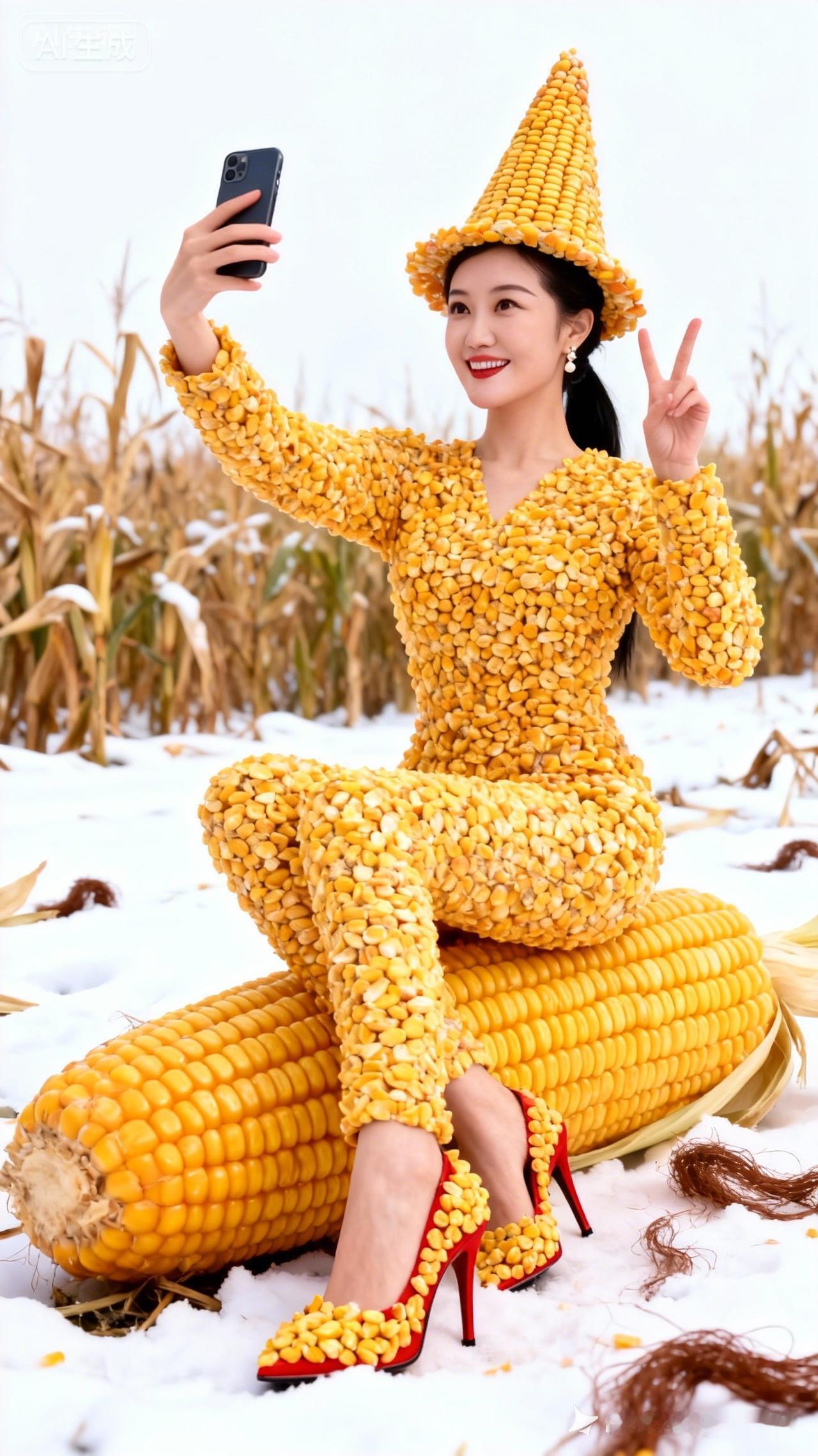 这位小姐姐穿着玉米套装，在雪地里自拍。