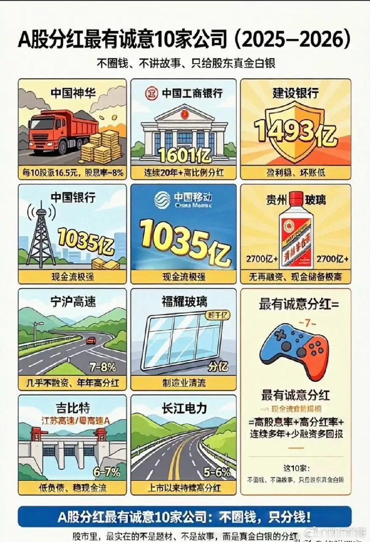 A股分红最有诚意的10家公司，特别适合喜欢攒股收息的投资者，坚持长期持有，踏踏实