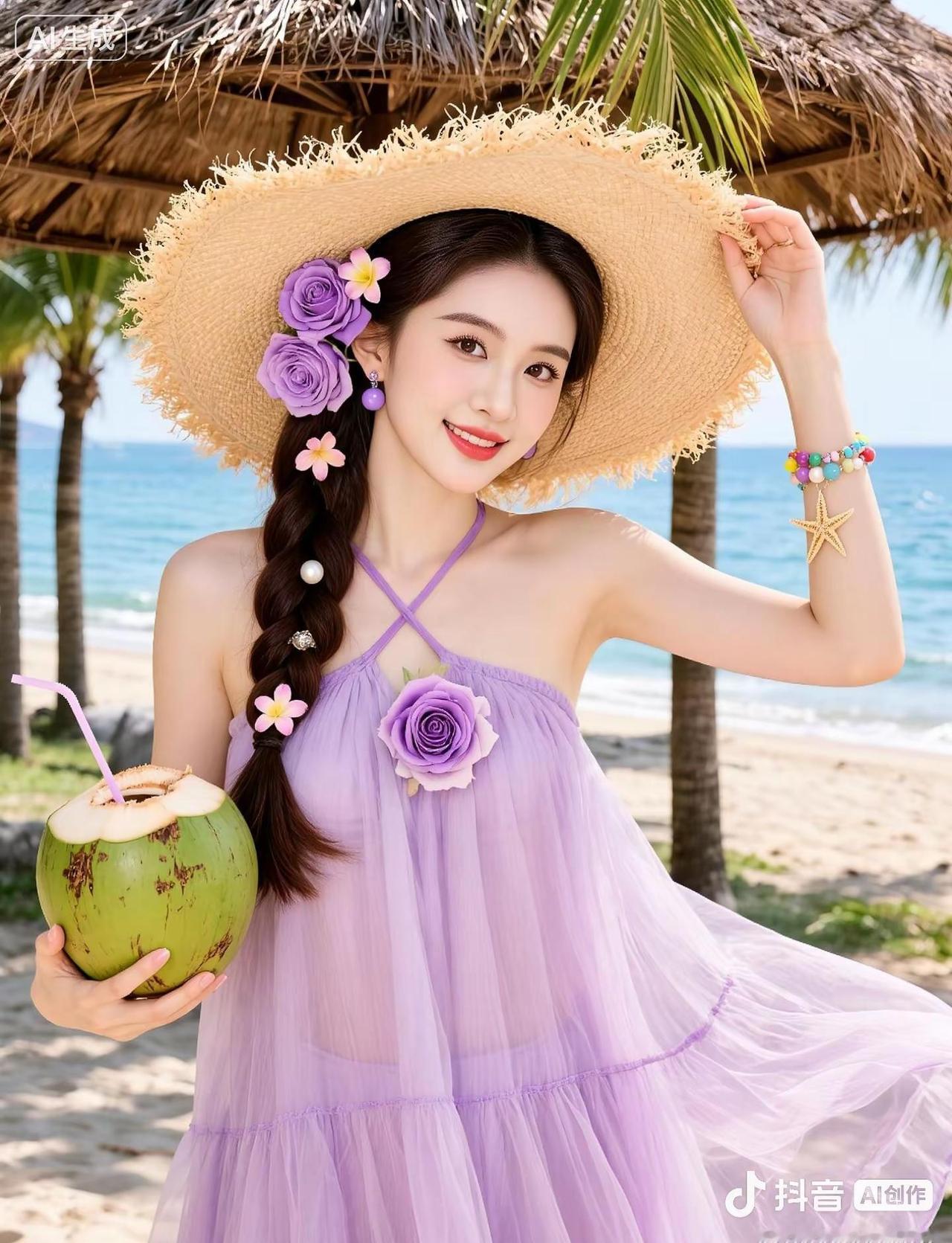 💜紫调夏日·海边赴约。海风撞碎夏日浪漫🌊把温柔紫色，藏进海边时光里。海边少女