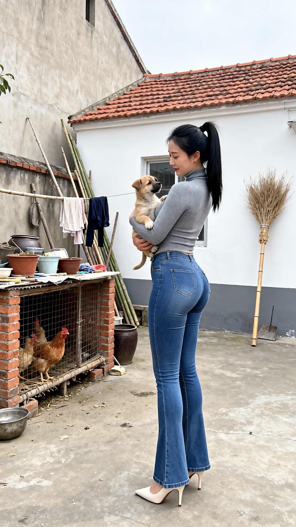 灰白的屋墙凝着乡居的质朴，红瓦的檐角勾着浅淡的天光，砖垒的鸡笼里藏着鲜活的烟火气