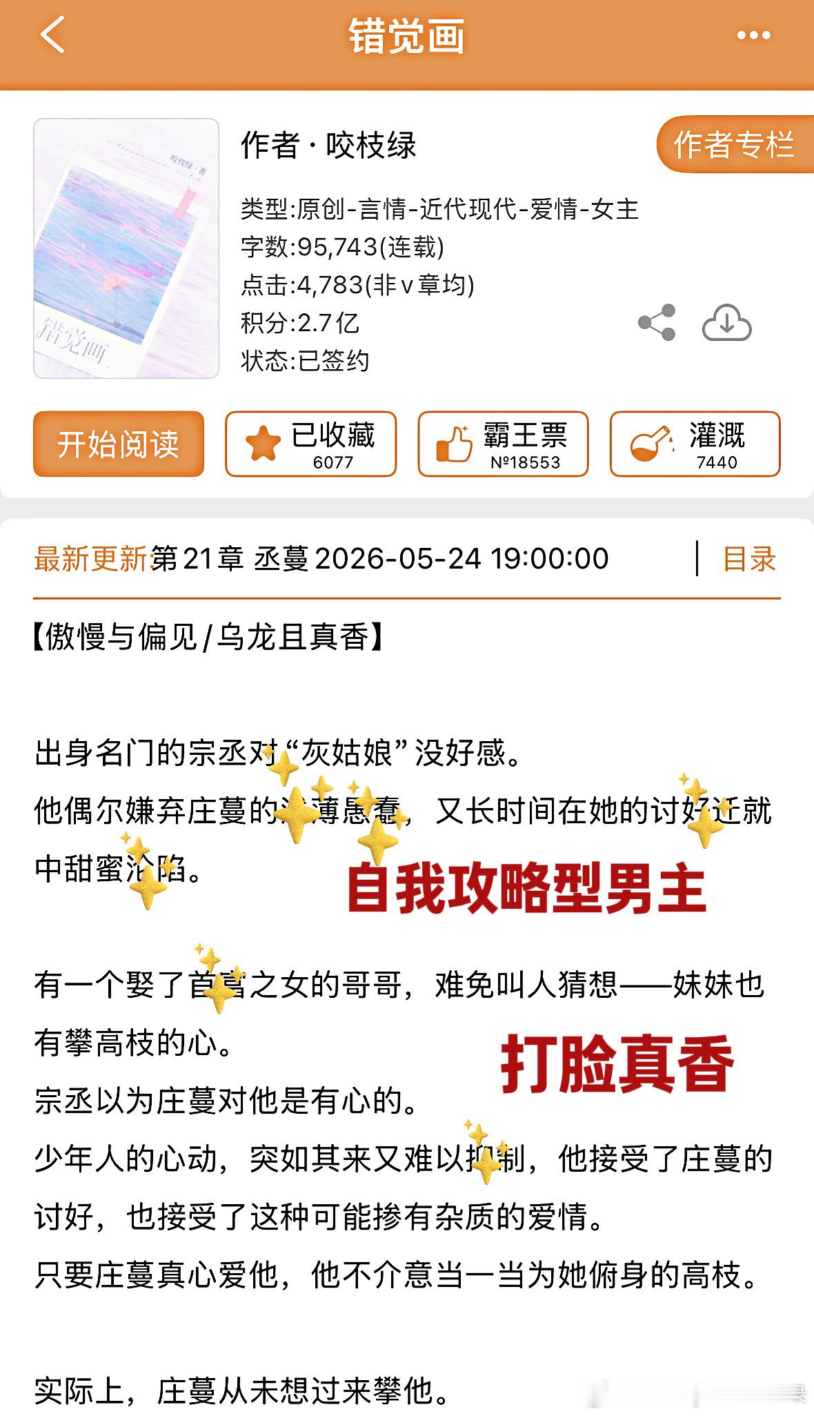 推文咬枝绿的新文《错觉画》正文完结了，篇幅比我想象中短很多欸。言情小说推荐