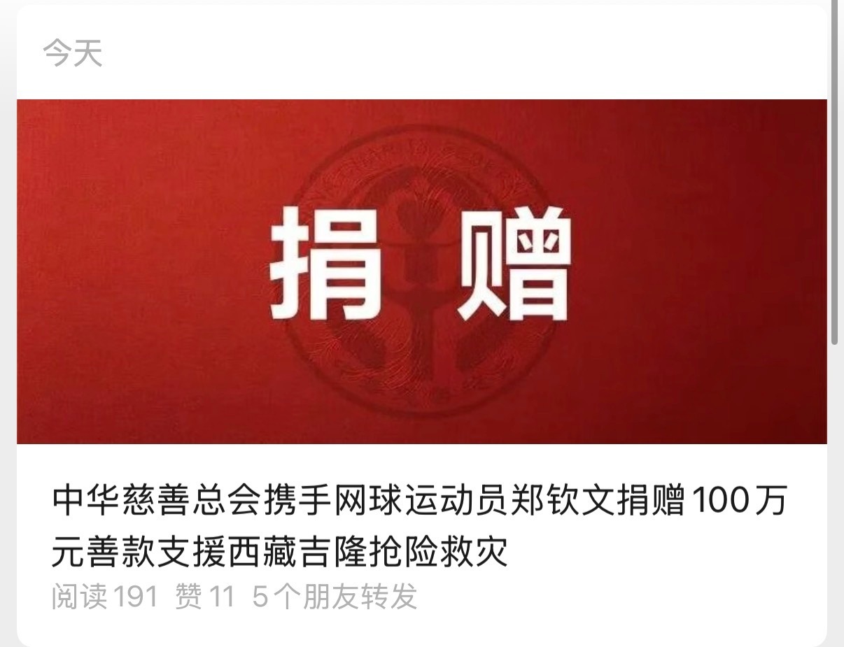郑钦文为西藏灾区捐款100万元郑钦文👍！👍！这才是真正的有格局。那些几百亿大