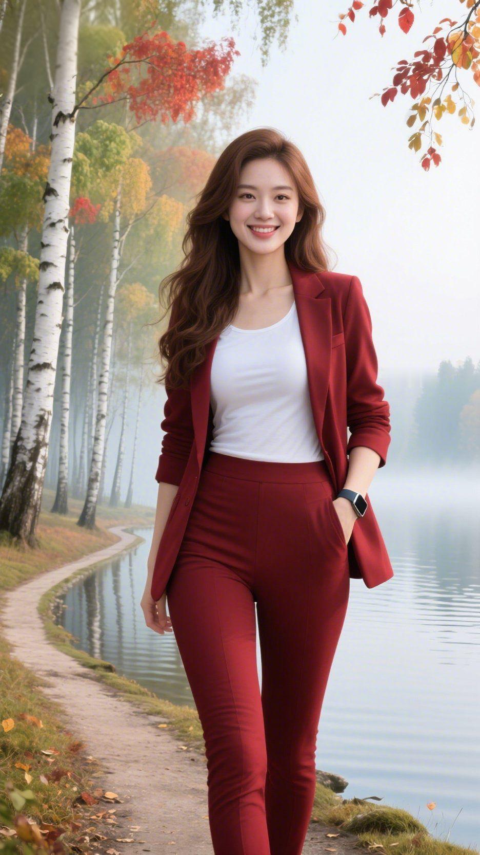 秋径红衣晨雾裹着秋意漫过湖畔，我踩着铺了半程的金叶，看风把桦树的白摇成细碎