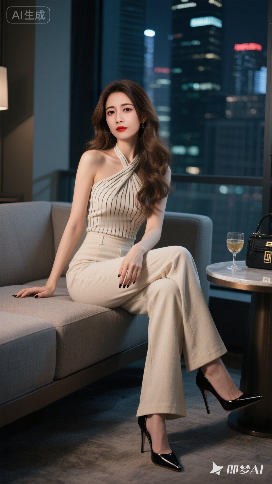 都市女郎的优雅之夜，时尚穿搭与城市夜景的完美融合。