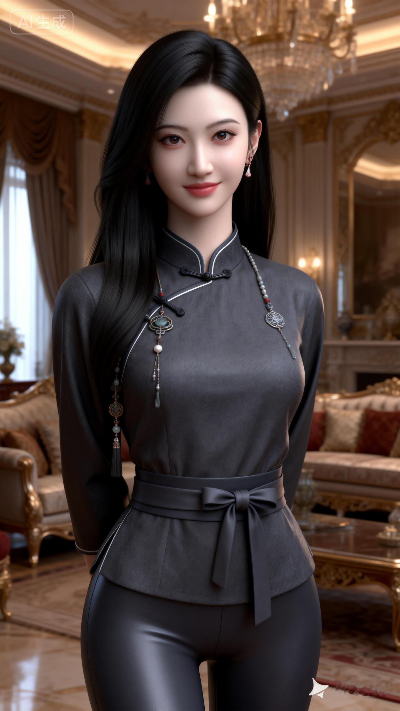 优雅东方美人，黑发红唇，古典与现代结合的完美穿搭。