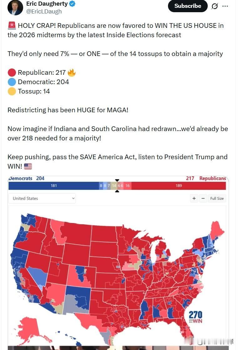🚨我的天！根据《内部选举》最新预测，共和党在2026年中期选举中已被看好赢得