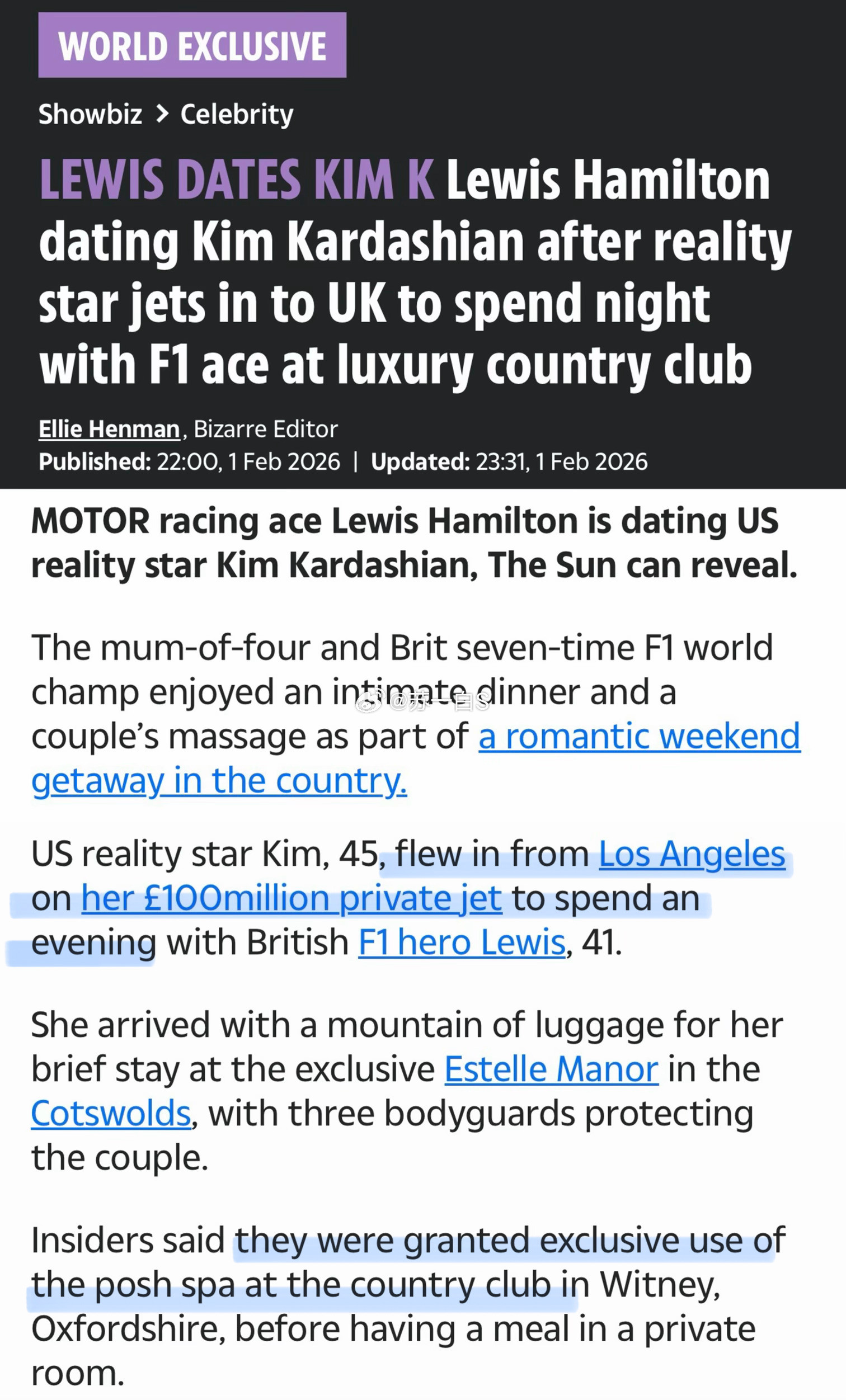 金·卡戴珊和刘易斯·汉密尔顿🙉《太阳报》说这俩在秘密约会，还说金姐特别乘坐私人