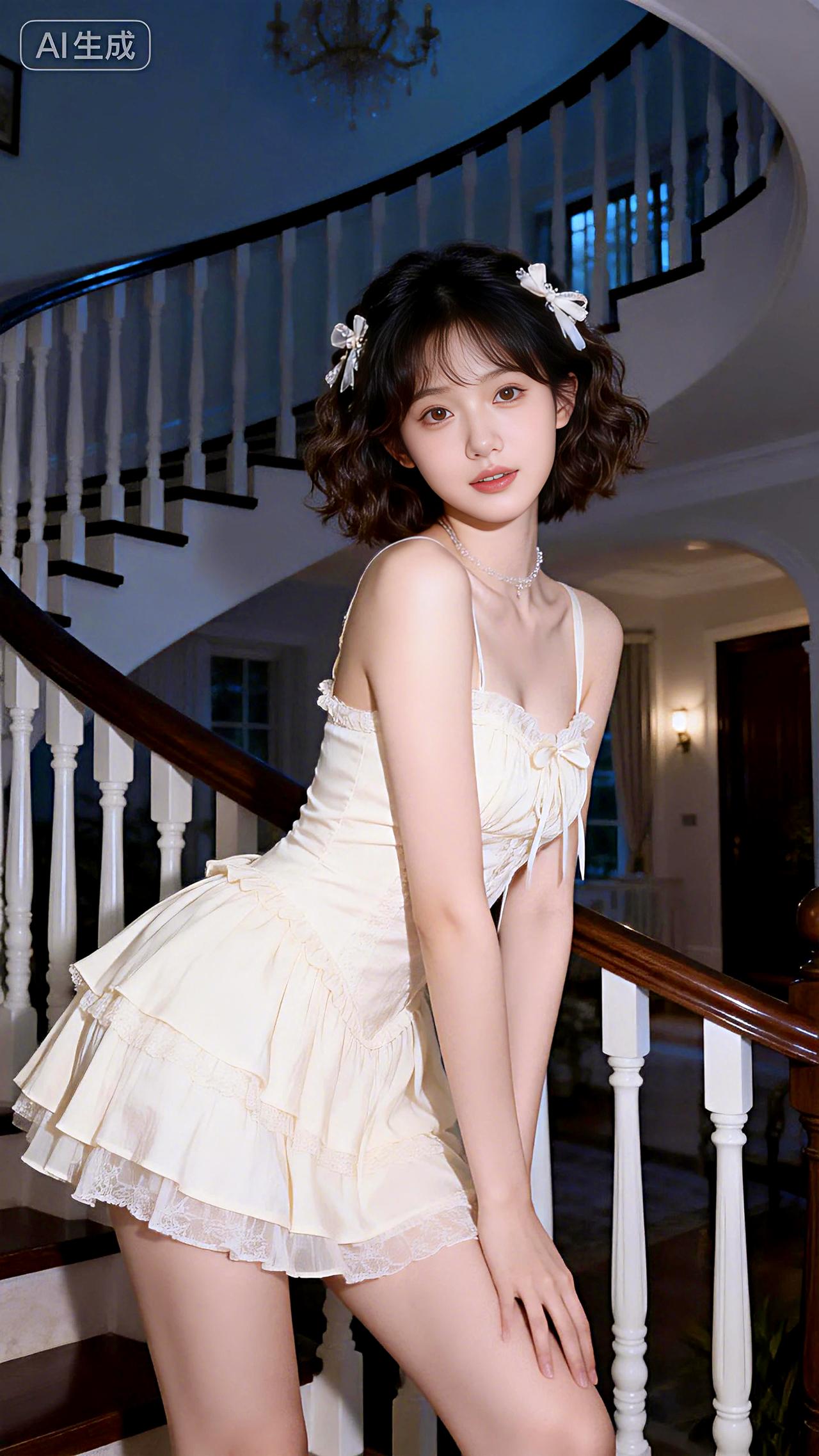 旋梯漫步意从容，白色裙装映晴空。豆包壁纸