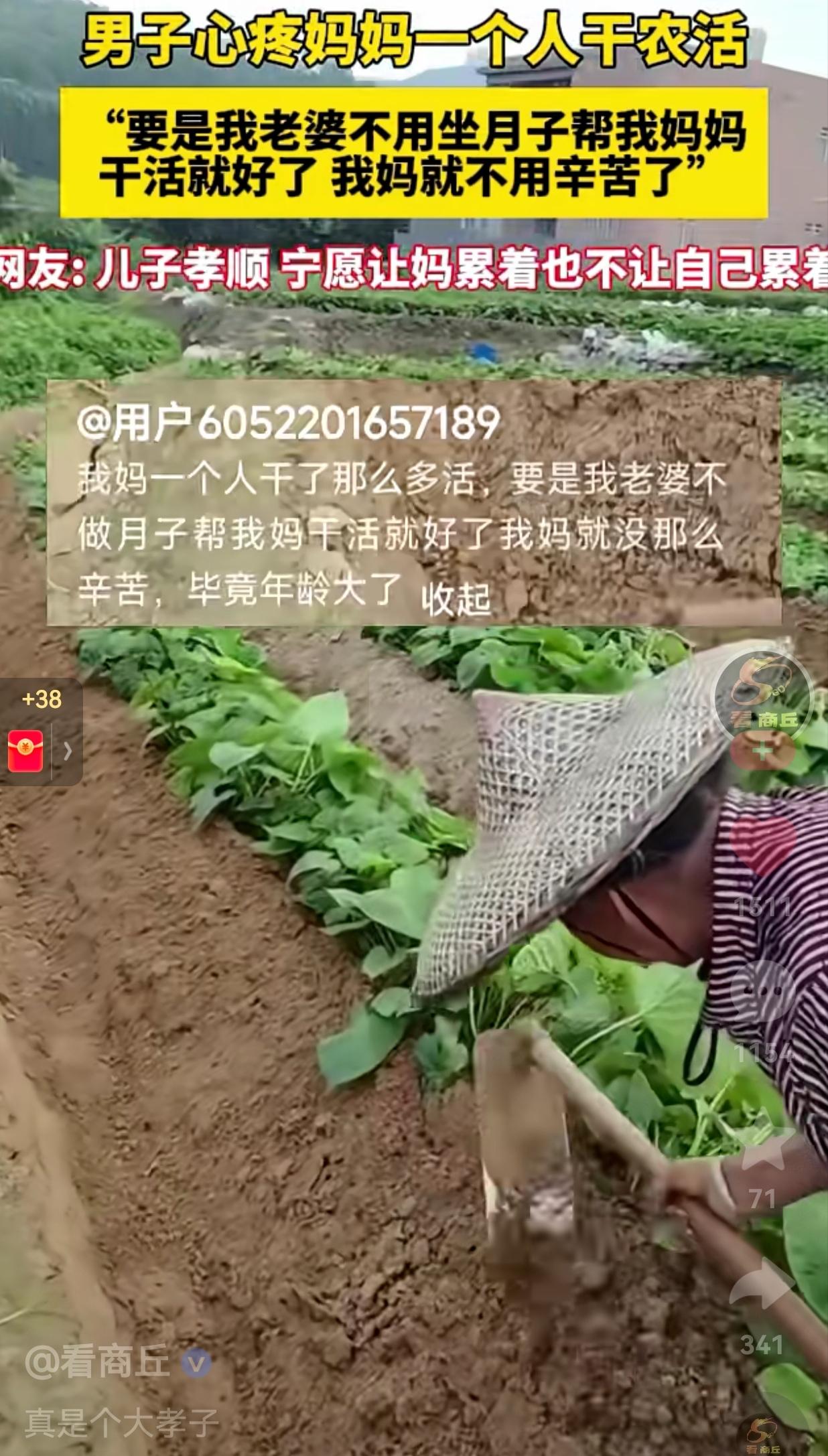 真是个“大孝子”！妈妈在地里干农活，儿子看到妈妈很辛苦，很心疼自己的老妈，没有人