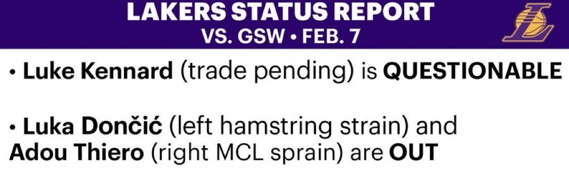 湖人更新明天迎战勇士的伤病名单：卢卡-东契奇因左腿腿筋拉伤确定缺阵；阿杜-蒂耶罗