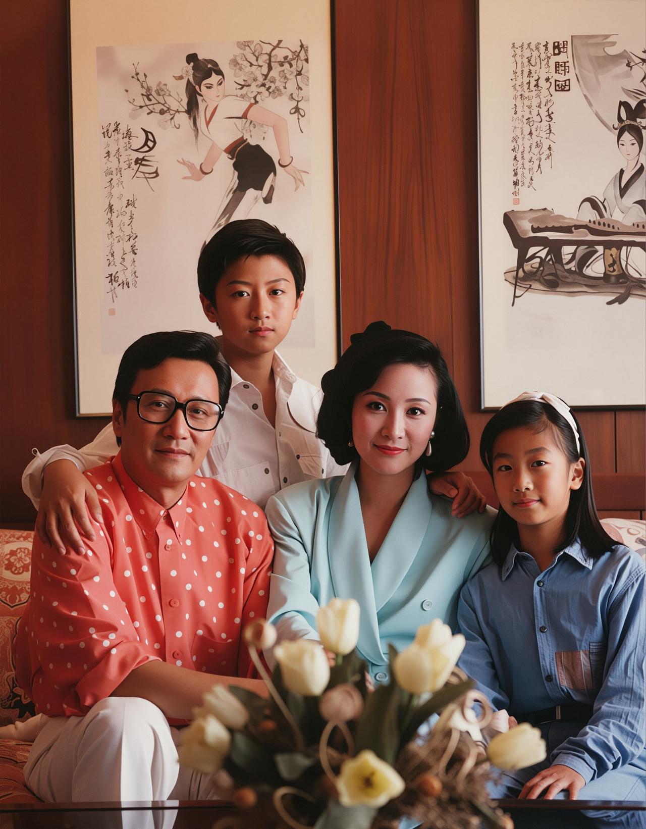 1988年，谢贤携全家移居加拿大，一张珍贵的全家福。彼时，谢霆锋10岁，妹妹谢婷