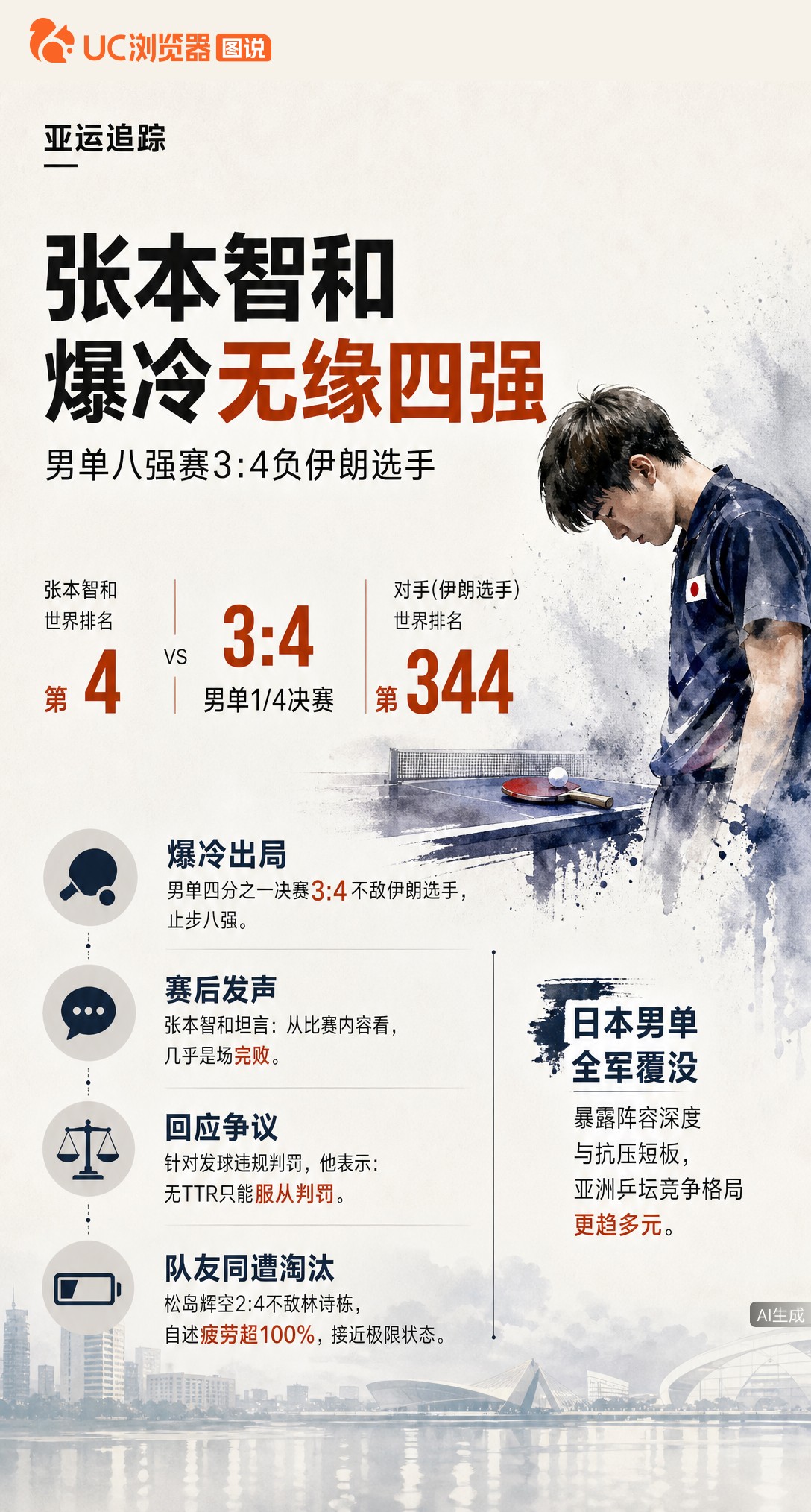 世界第4输给第344！张本智和亚运男单3-4爆冷出局，赛后坦言几乎是完败。随着松岛辉空不敌林诗栋，日