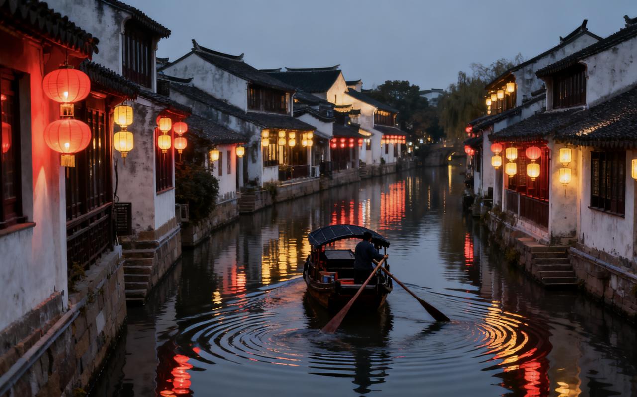 【夜游平江路】暮色浸染时，平江路的灯笼次第亮起，倒映在粼粼水波中。踏过青石板，