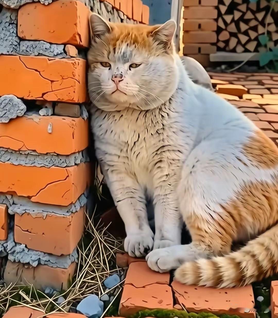 猪咪又靠在墙头了，表情看起来很忧郁。它是一只流浪猫，虽然现在有人养着它，但它还