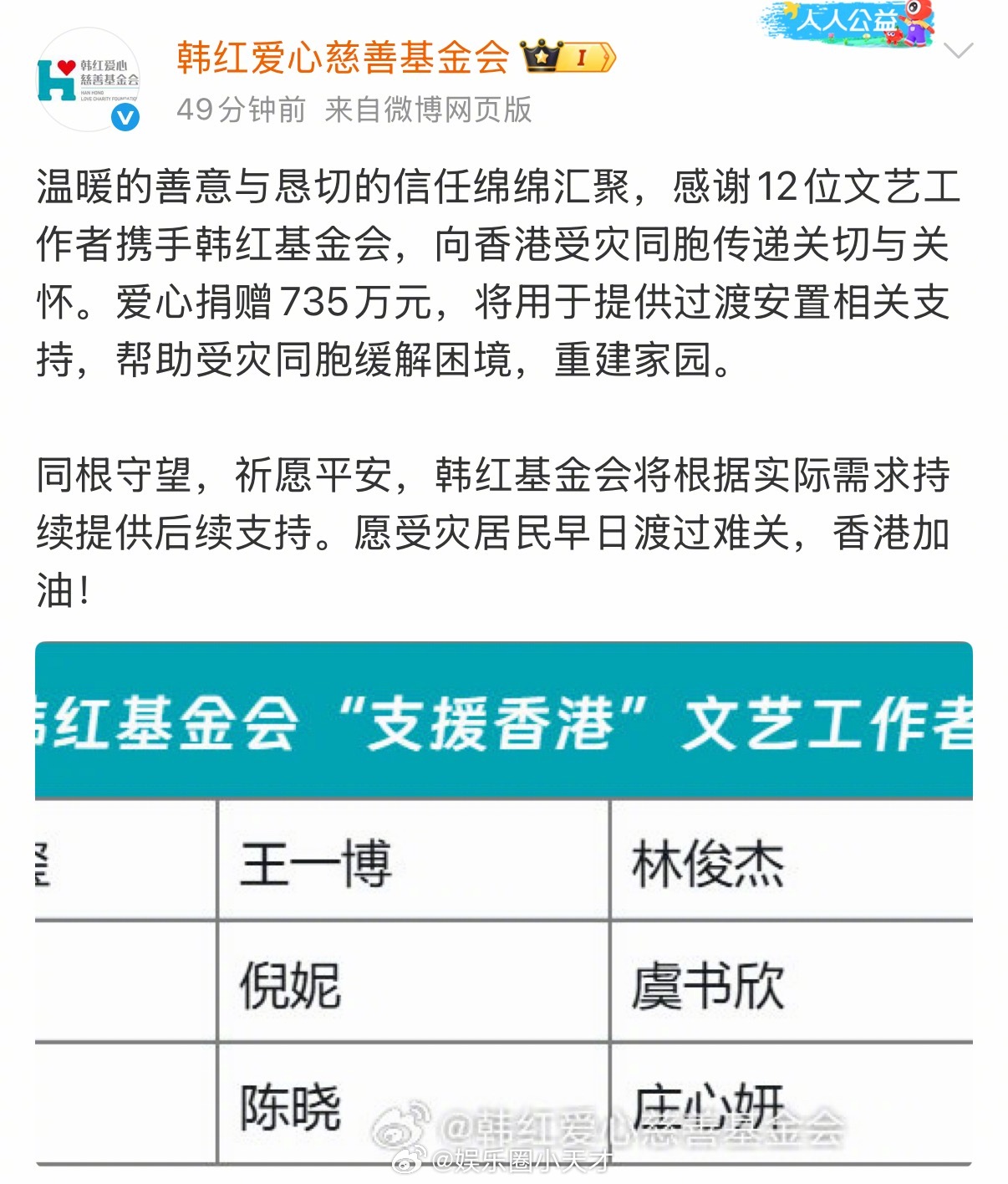 明星捐款通过韩红基金会捐款的明星名单：易烊千玺、王一博、林俊杰、潘玮柏、谭松韵、