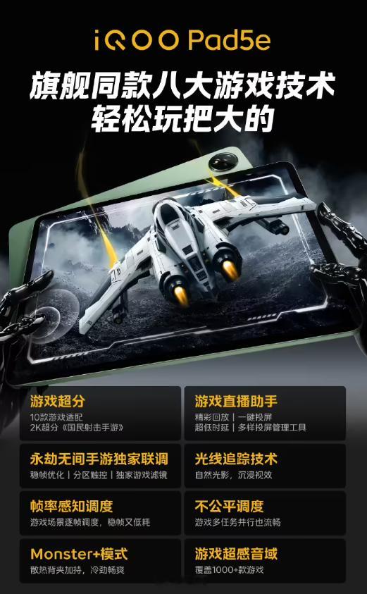 iQOOPad5e平板开启新品预约，拥有“旗舰同款”八大自研游戏技术，号称“