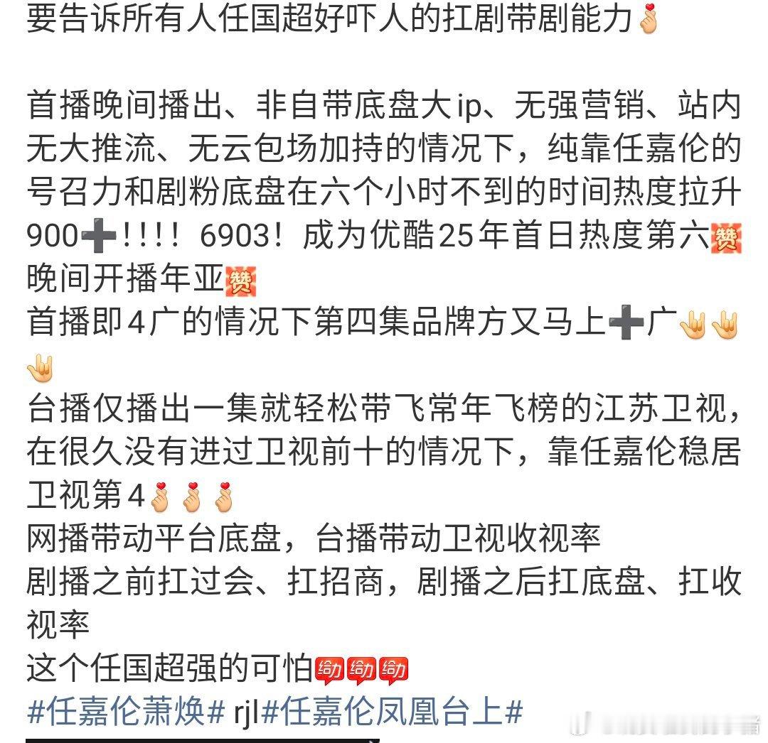 任嘉伦凤凰台上首播热度数据，目前已破7000