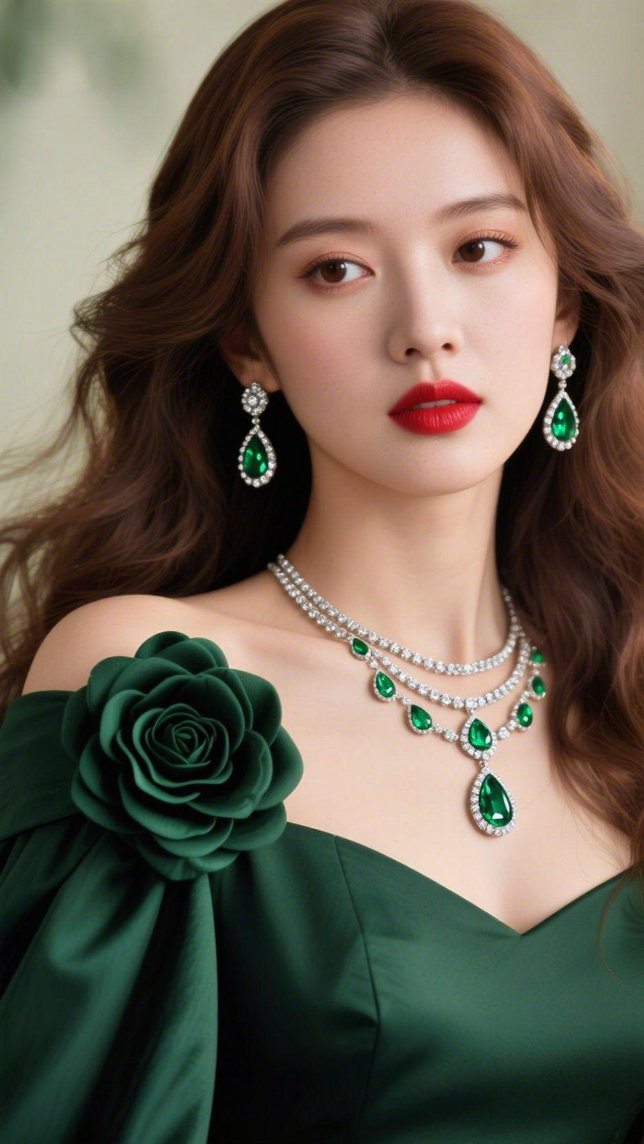 墨绿的风华墨绿如沉敛的星河，晕染在缎面裙装之上，一朵同色玫瑰悄然盛放，将雅