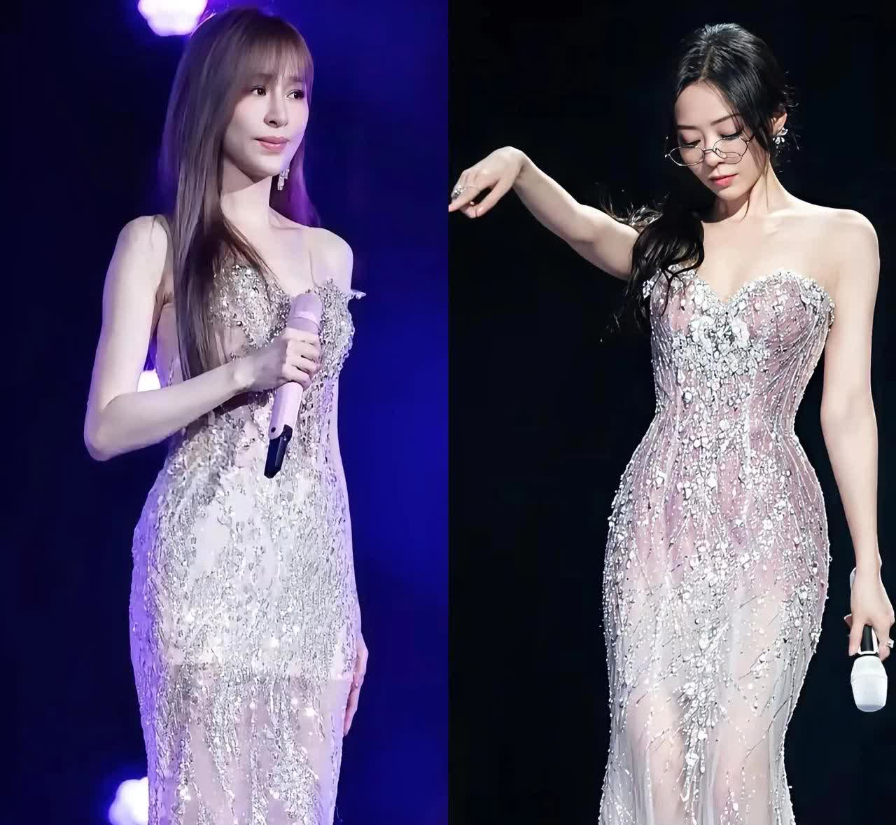 我问我老公，王心凌与张靓颖同款礼服，你觉得谁更美？我老公呵呵一笑