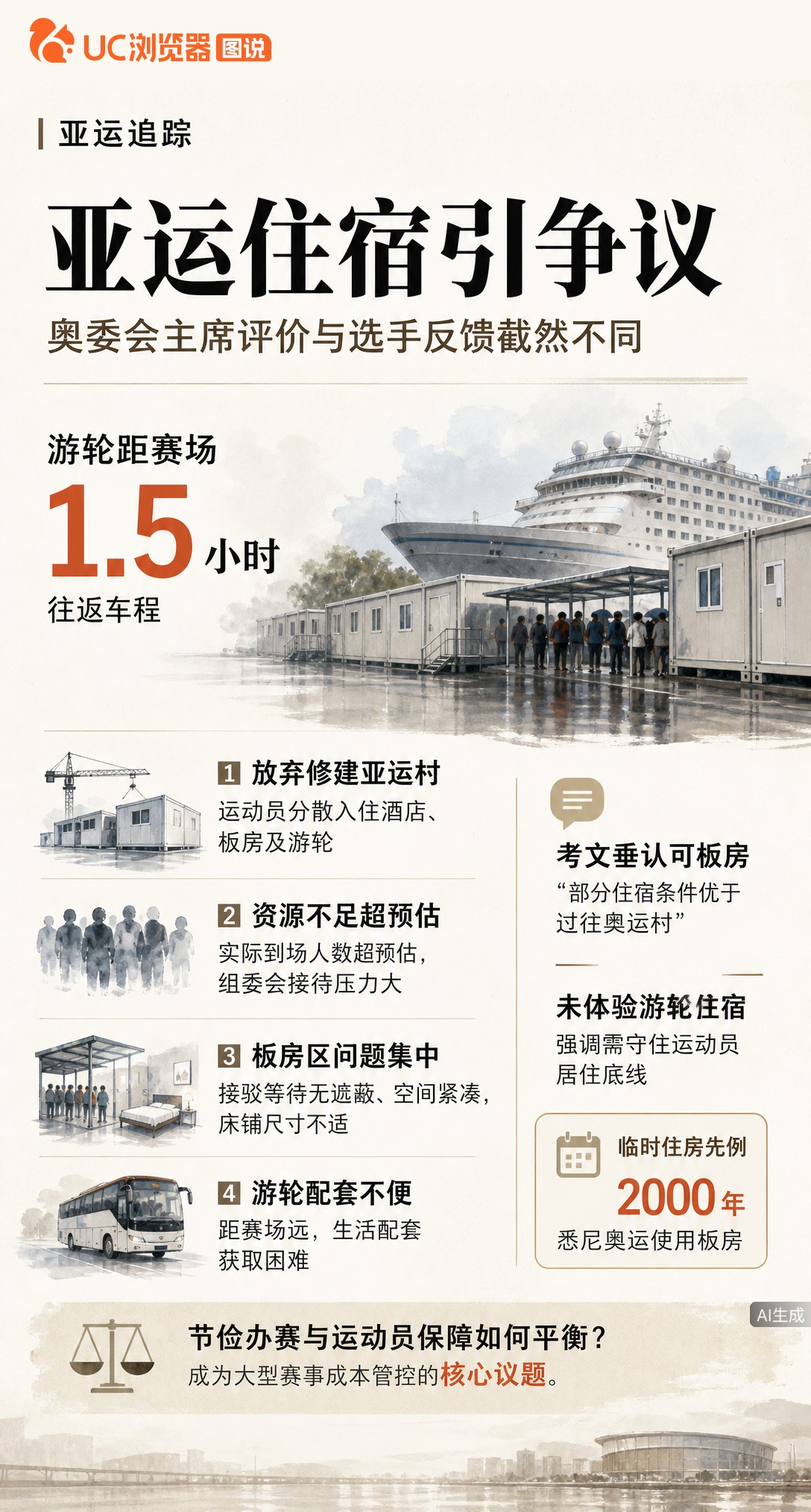 名古屋亚运住宿引争议：选手吐槽板房拥挤、游轮往返1.5小时；奥委会主席却称部分硬件优于往届奥运村，但