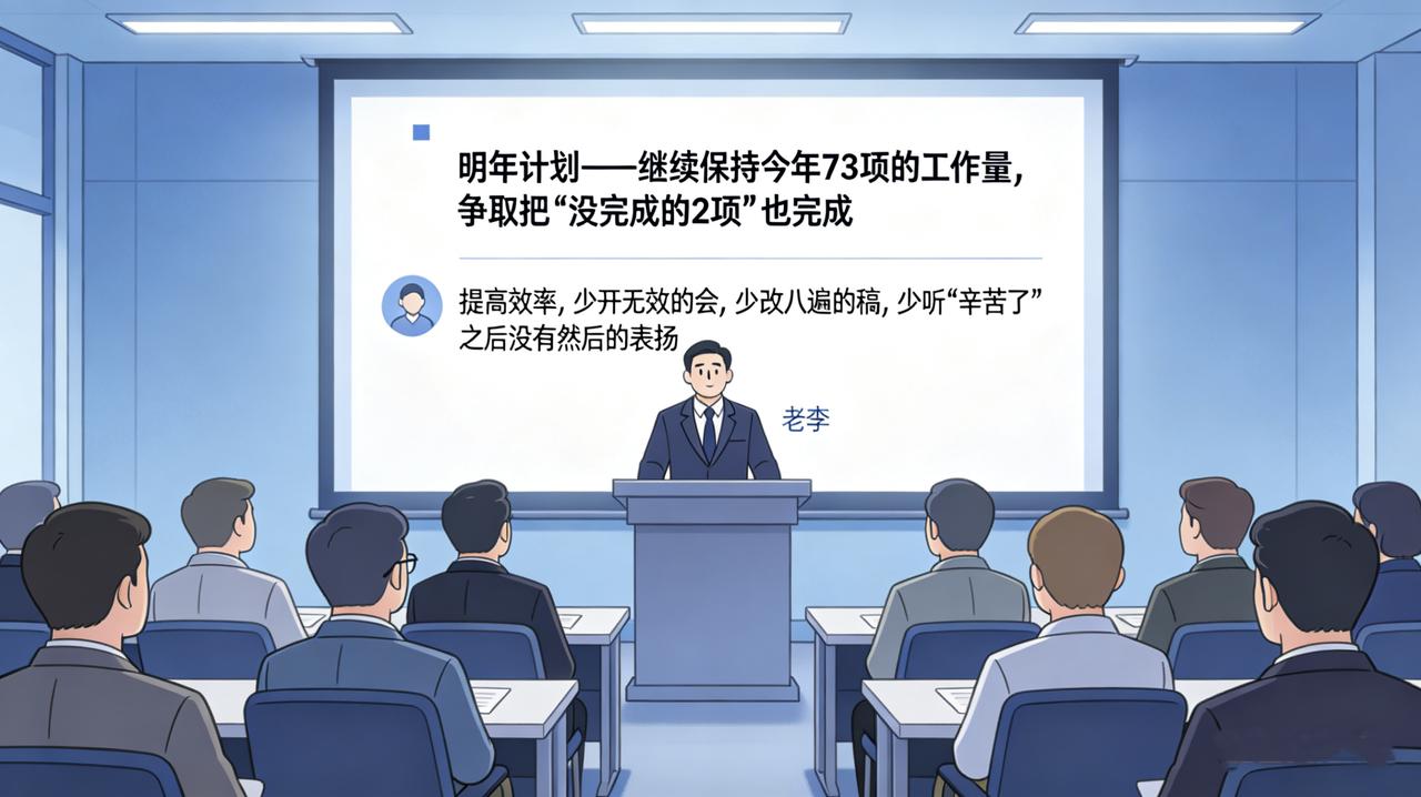 年终述职，轮到老李。他打开PPT，第一页写着：今年完成工作73项，其中重要事项