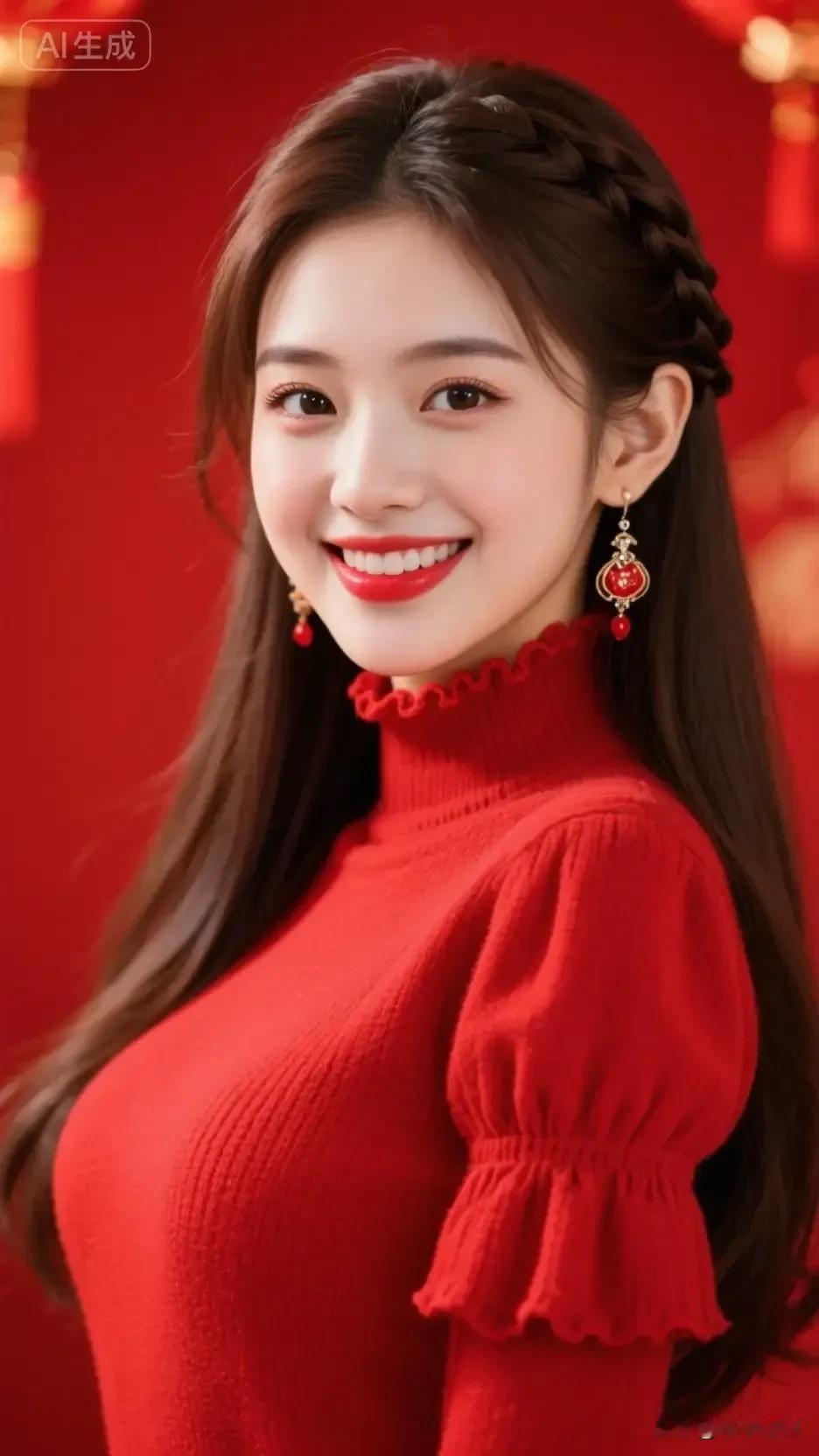 一身中国红，笑靥盈盈，满是红火暖意❤️