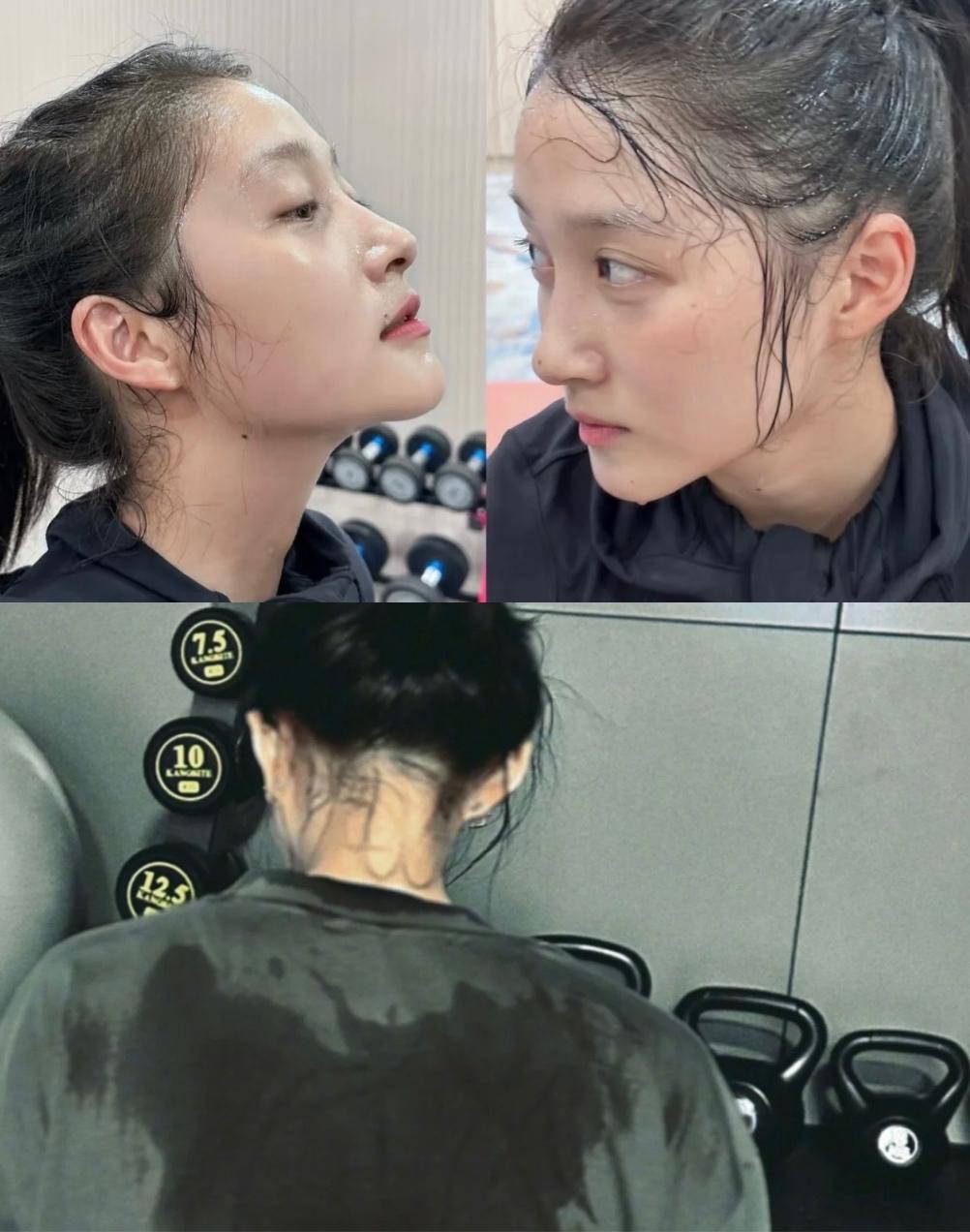 看到关晓彤晒了几张健身照，汗水湿透了头发和衣服，没想到夸她努力却突然醒悟了为