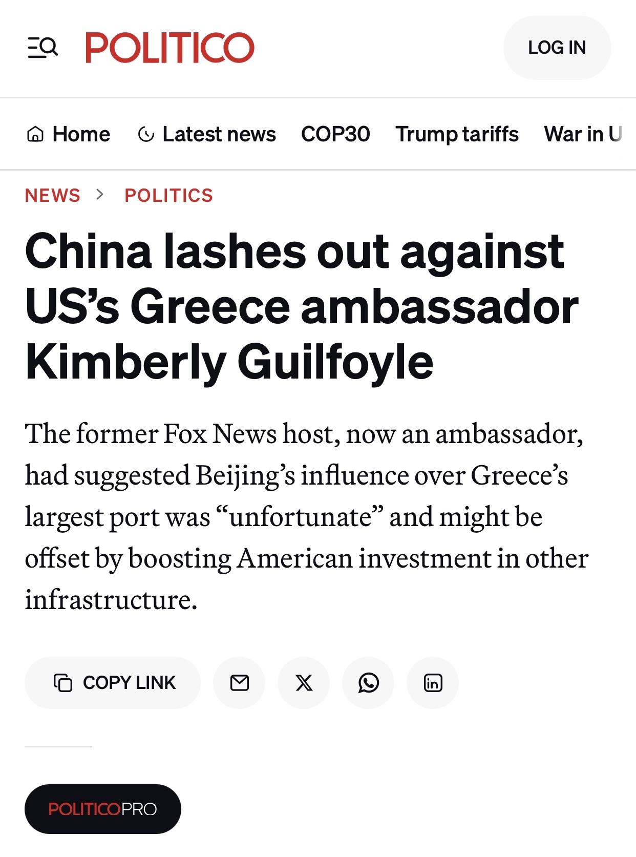 美媒：中国驻希腊大使馆发文猛批美方谬论美国《政客》官网11月19日雅典报道：