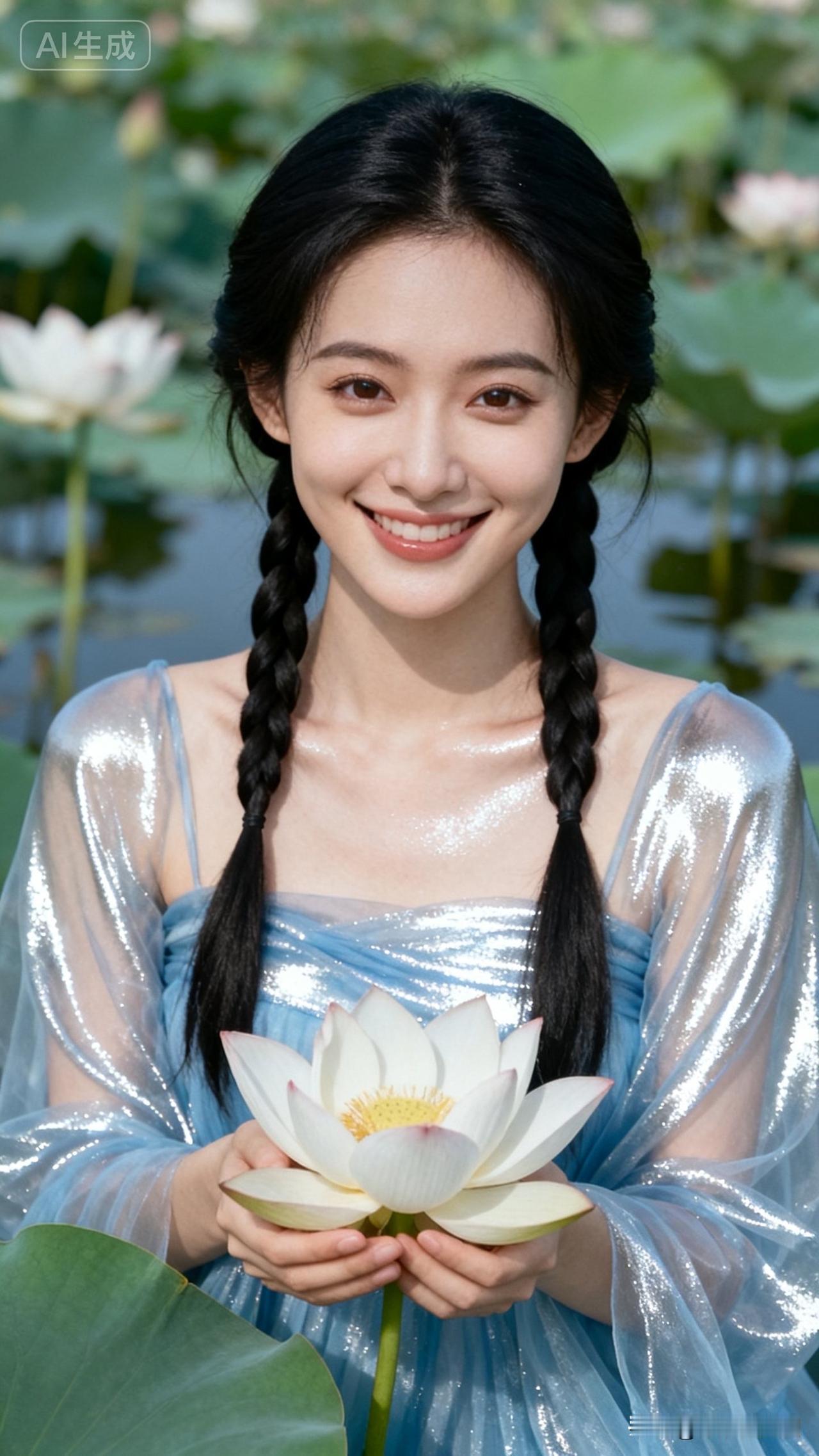 夏日荷塘仙子，手捧白莲，笑靥如花