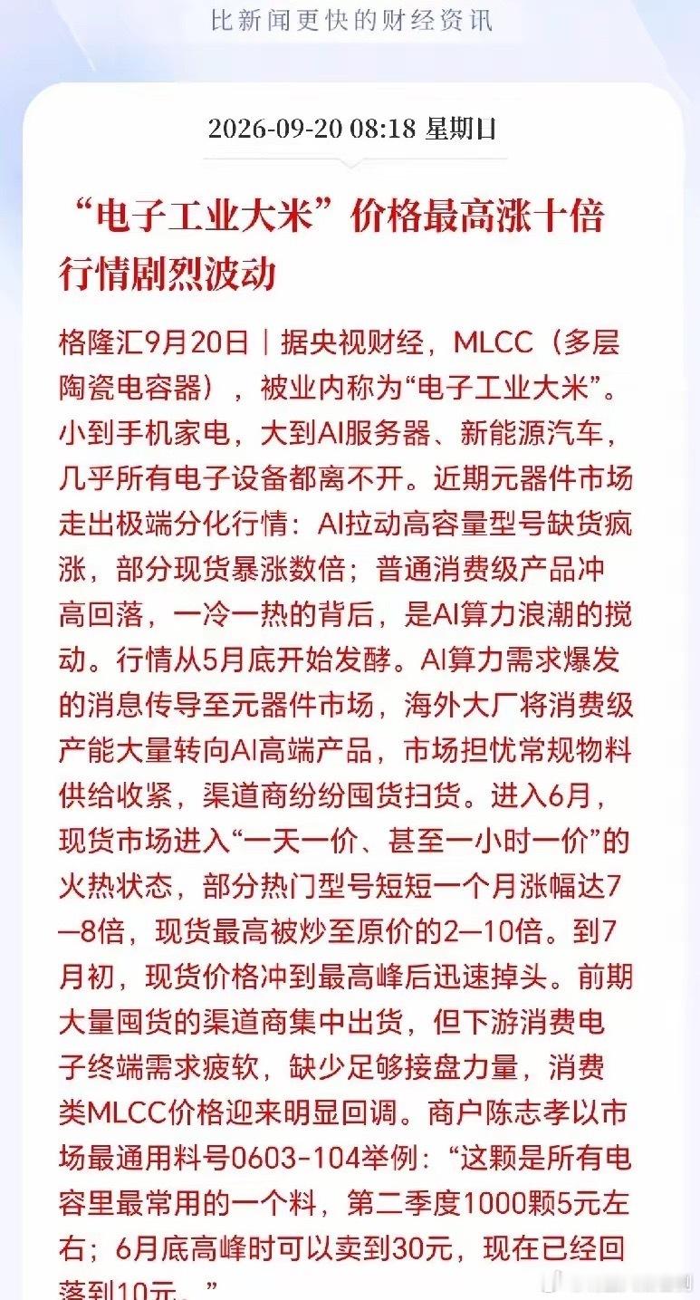 MLCC下周一估计要杀疯了！价格狂飙10倍，一天一个价，甚至一个小时一个价，涨价
