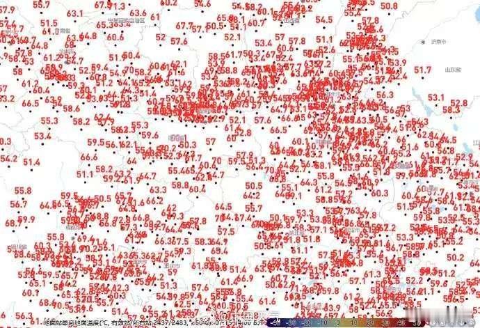 72.9℃红到发紫，密到发麻。这是一张昨天（15日）全国各地地表温度的示意图，可