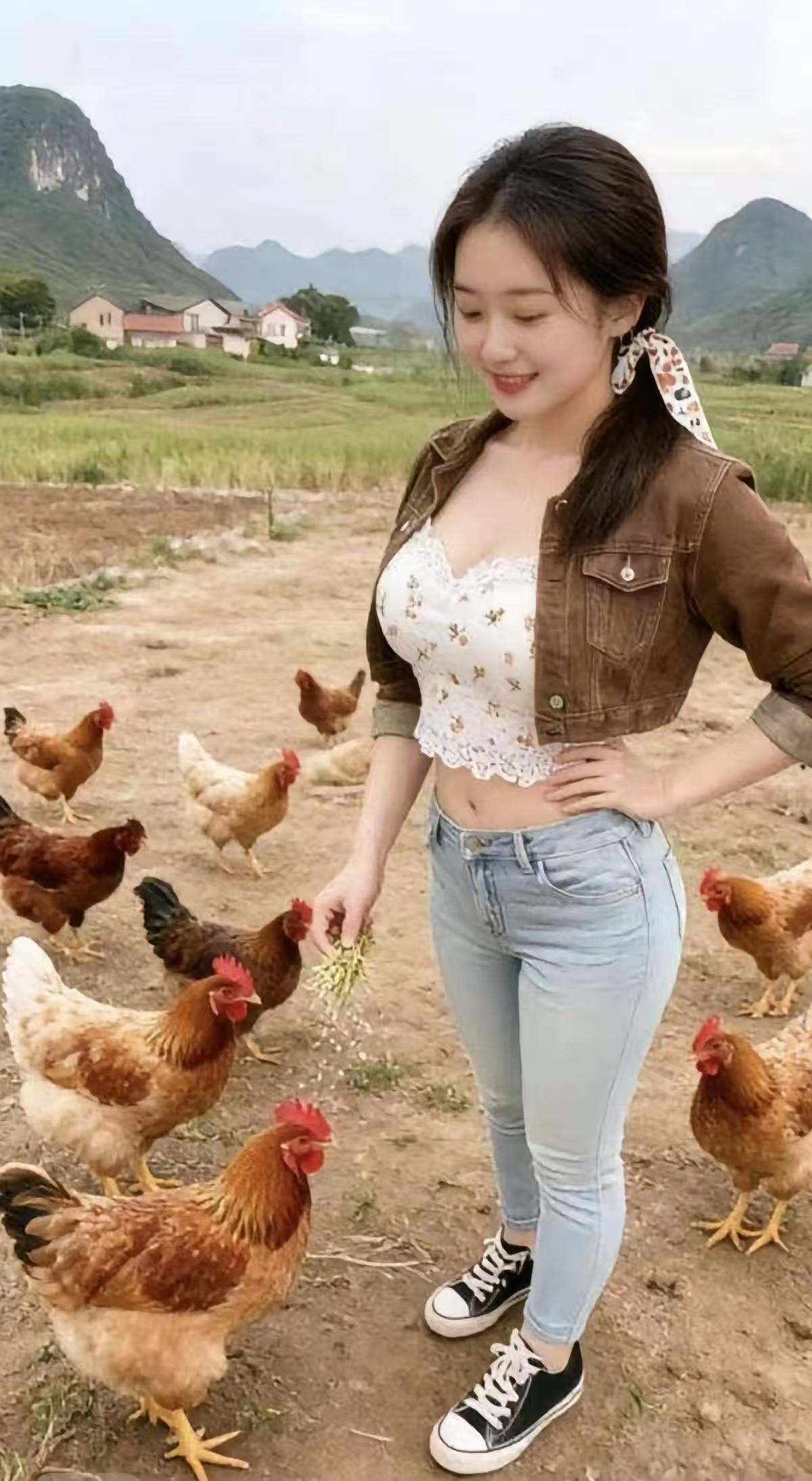 塞鸿秋·田园生活土鸡喂养肥还壮，女郎心喜情欢畅。种粮养殖财兴旺，勤劳换得