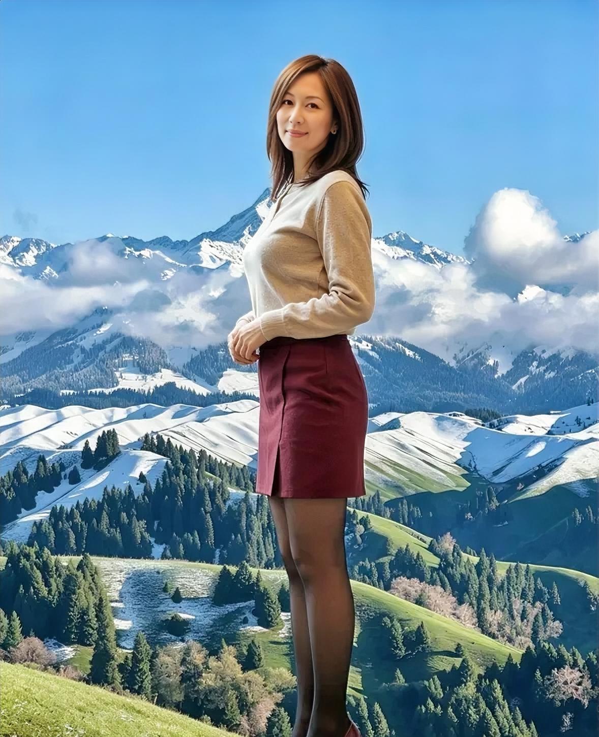 《雪山晴日》米衫轻裹暖阳的柔，酒红短裙衬山野的悠。素手轻交身前的安，短发