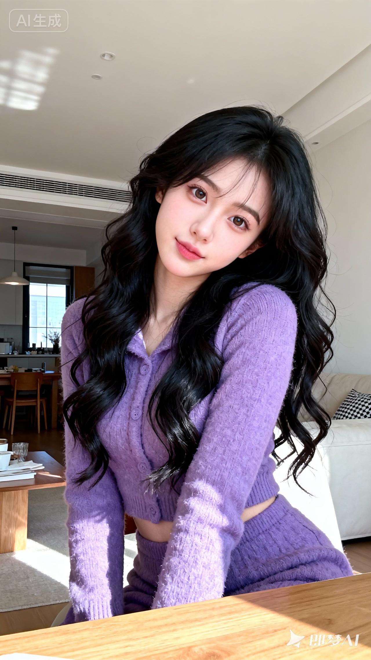 紫衣美人倚窗立，笑语盈盈似画里。